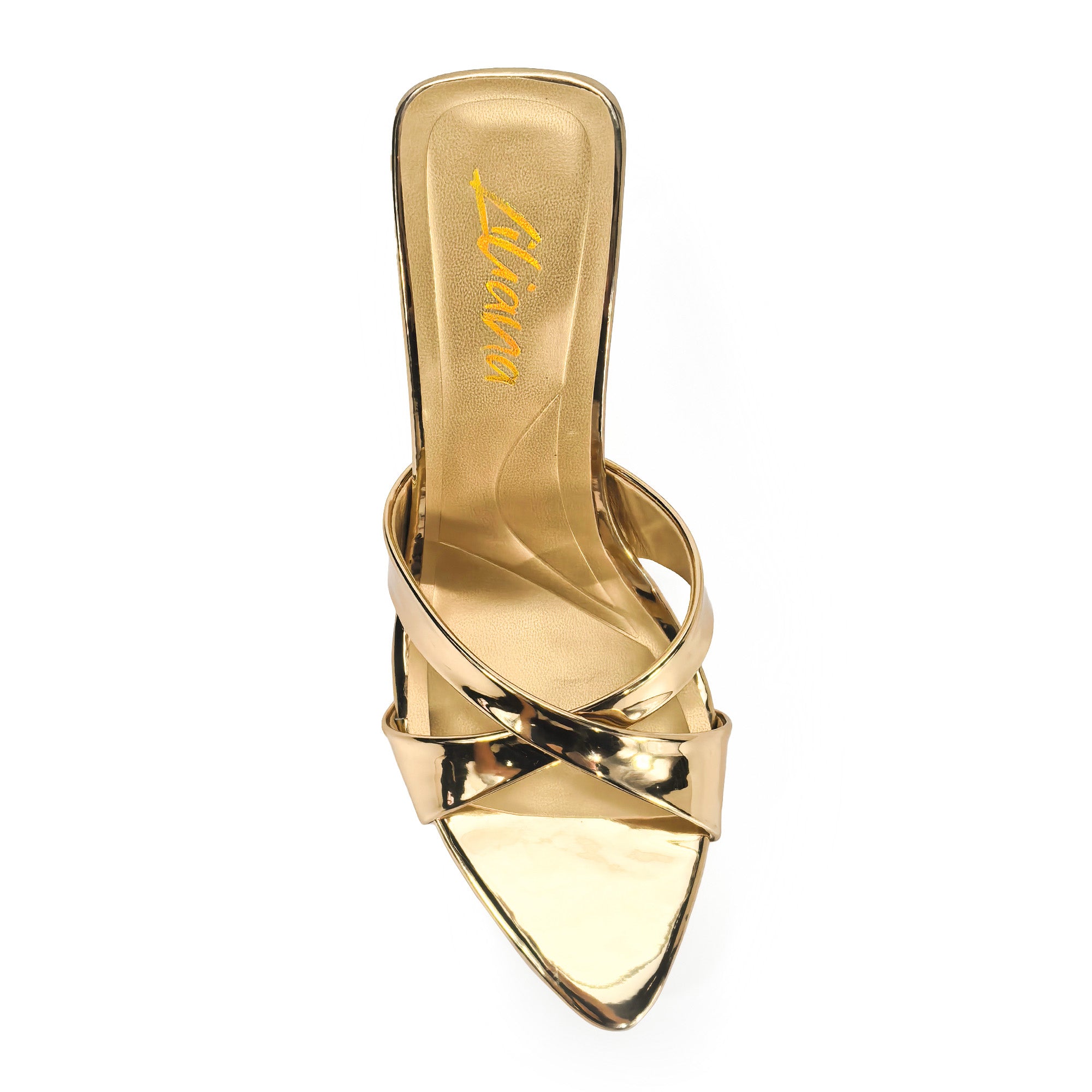 CYNTHIA-8 POINTY TOE CRISS-CROSS MULE HEEL GOLD