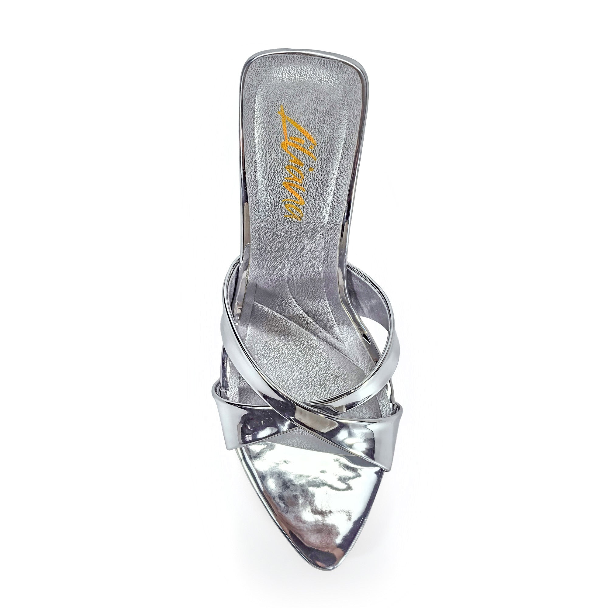 CYNTHIA-8 POINTY TOE CRISS-CROSS MULE HEEL SILVER