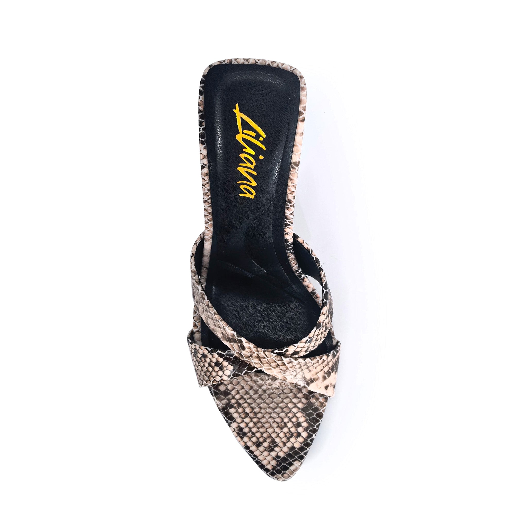 CYNTHIA-8 POINTY TOE CRISS-CROSS MULE HEEL SNAKE