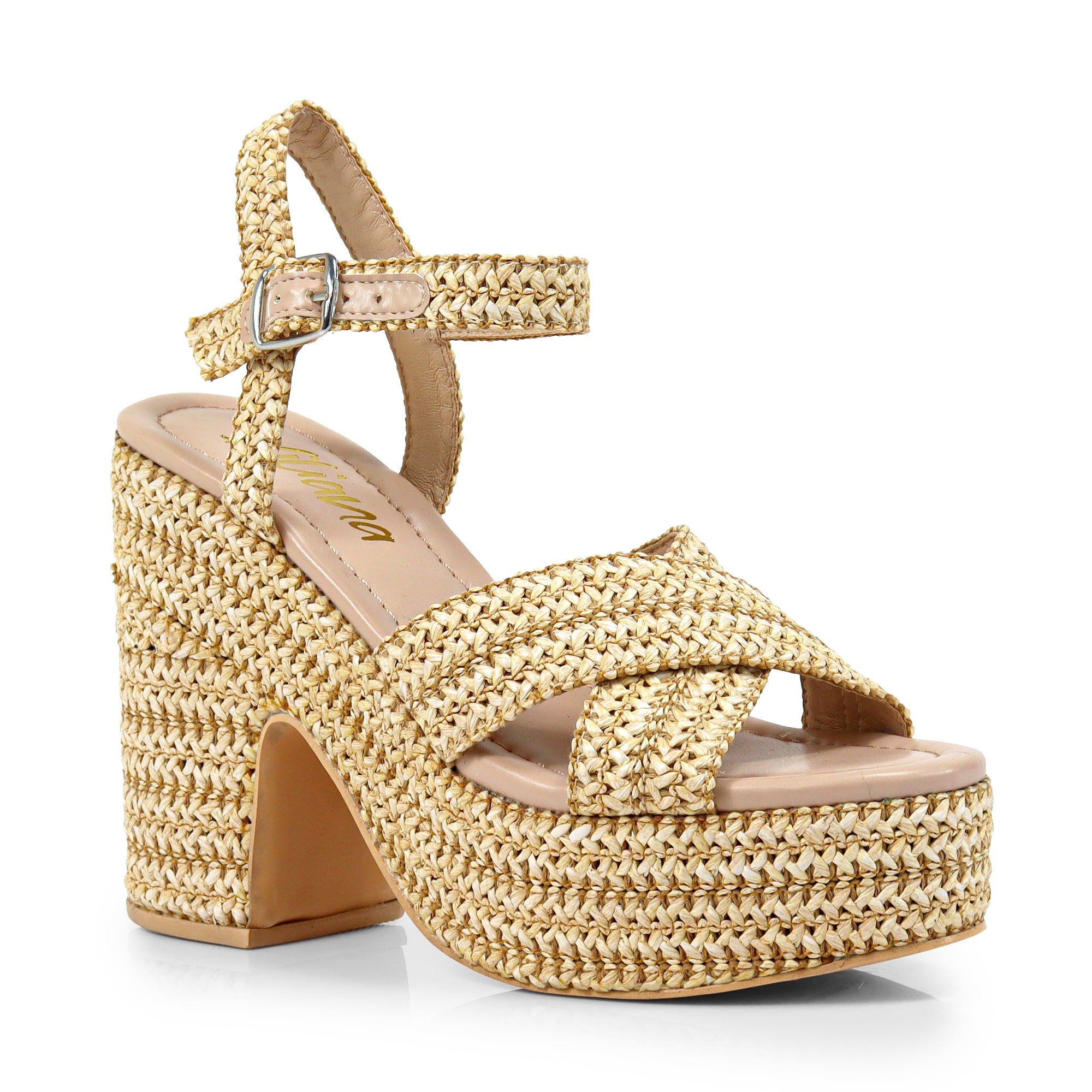 DANDY-1 RAFFIA CROSS STRAP PLATFORM ANKLE STRAP W/ CHUNKY HEEL BEIGE