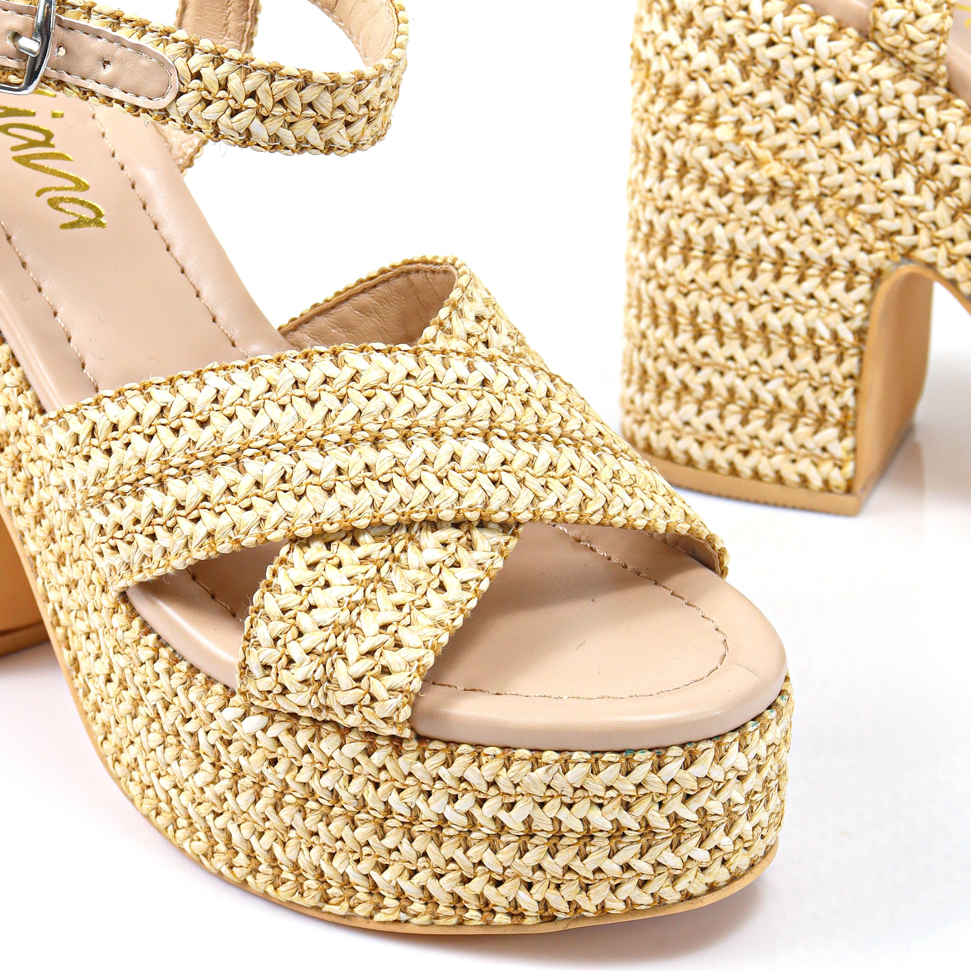 DANDY-1 RAFFIA CROSS STRAP PLATFORM ANKLE STRAP W/ CHUNKY HEEL BEIGE