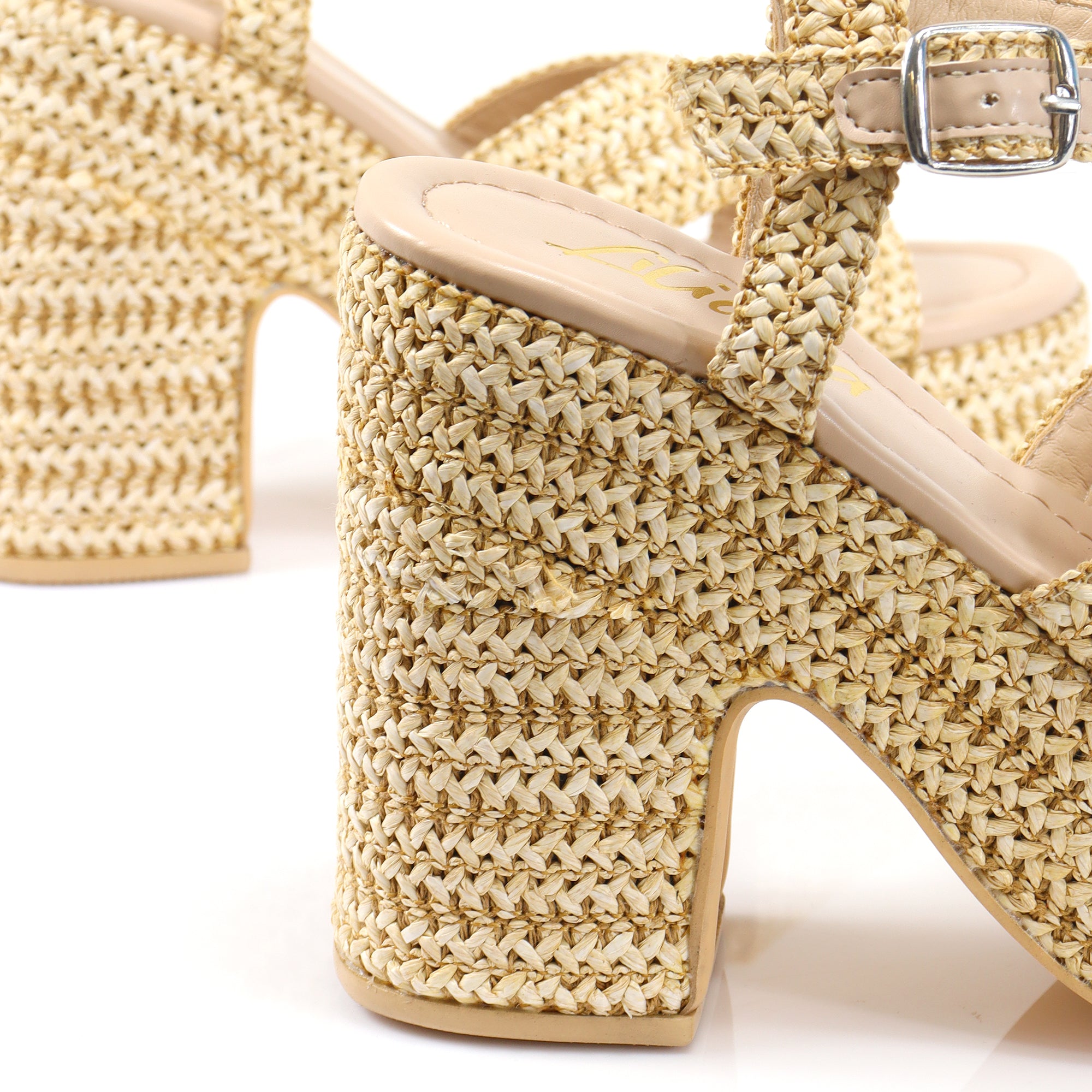 DANDY-1 RAFFIA CROSS STRAP PLATFORM ANKLE STRAP W/ CHUNKY HEEL BEIGE