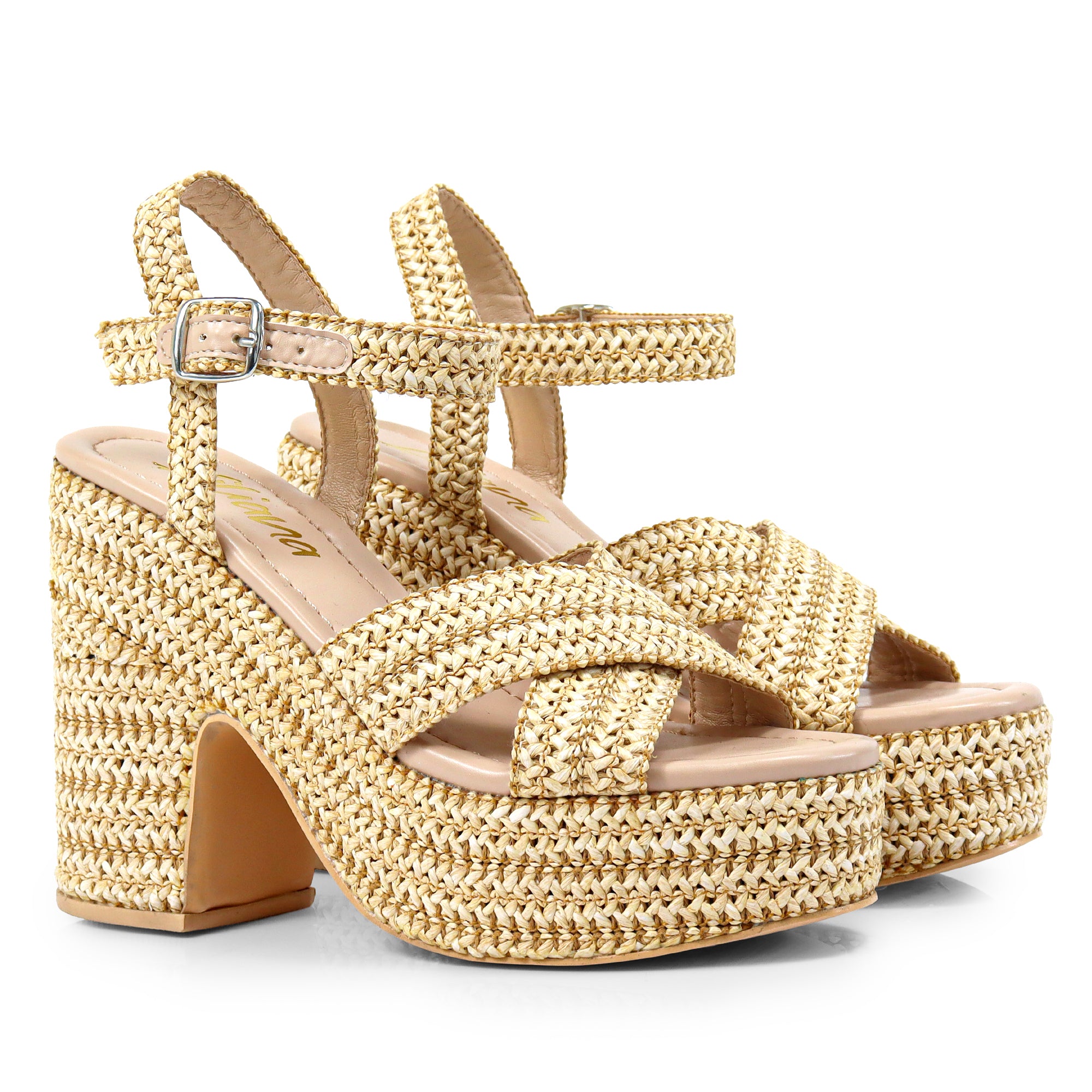 DANDY-1 RAFFIA CROSS STRAP PLATFORM ANKLE STRAP W/ CHUNKY HEEL BEIGE