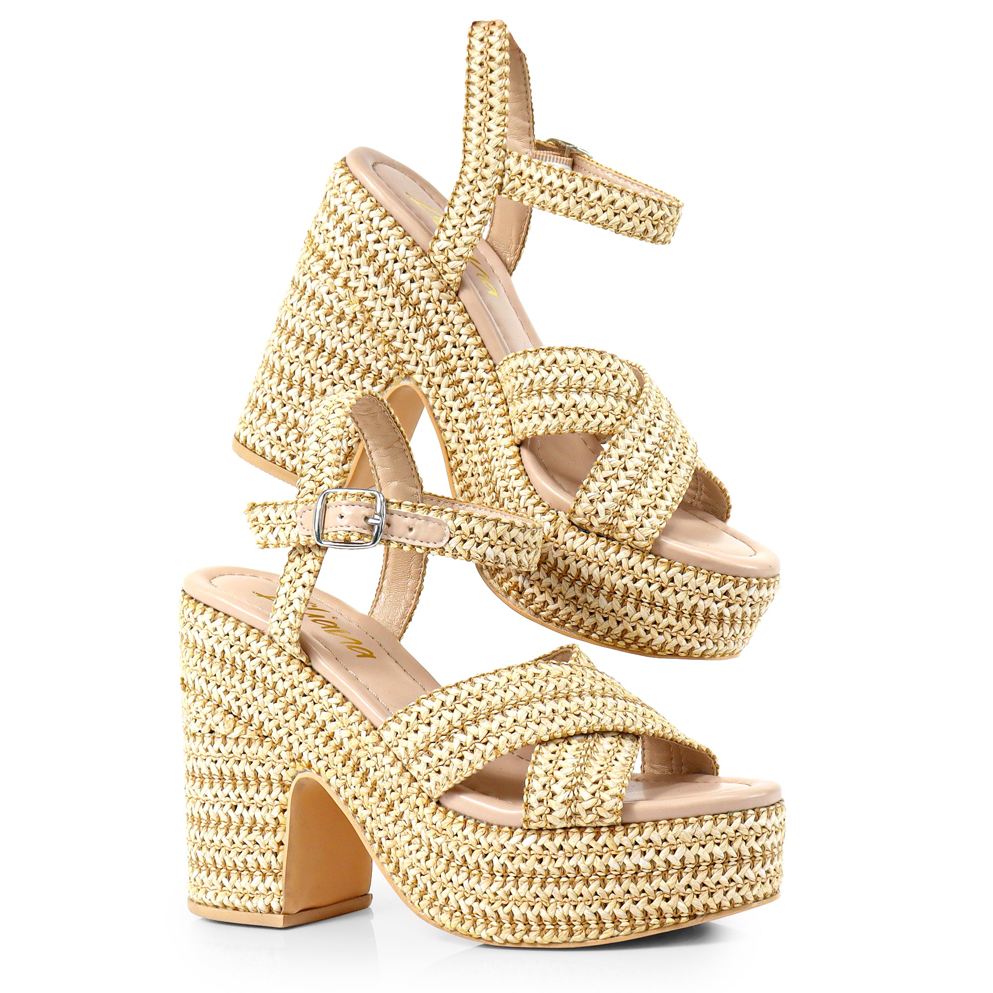 DANDY-1 RAFFIA CROSS STRAP PLATFORM ANKLE STRAP W/ CHUNKY HEEL BEIGE