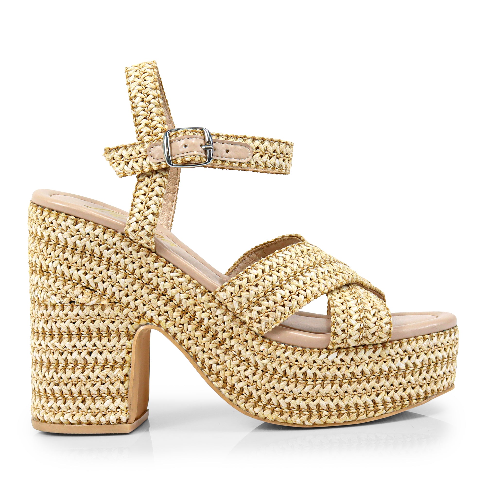 DANDY-1 RAFFIA CROSS STRAP PLATFORM ANKLE STRAP W/ CHUNKY HEEL BEIGE