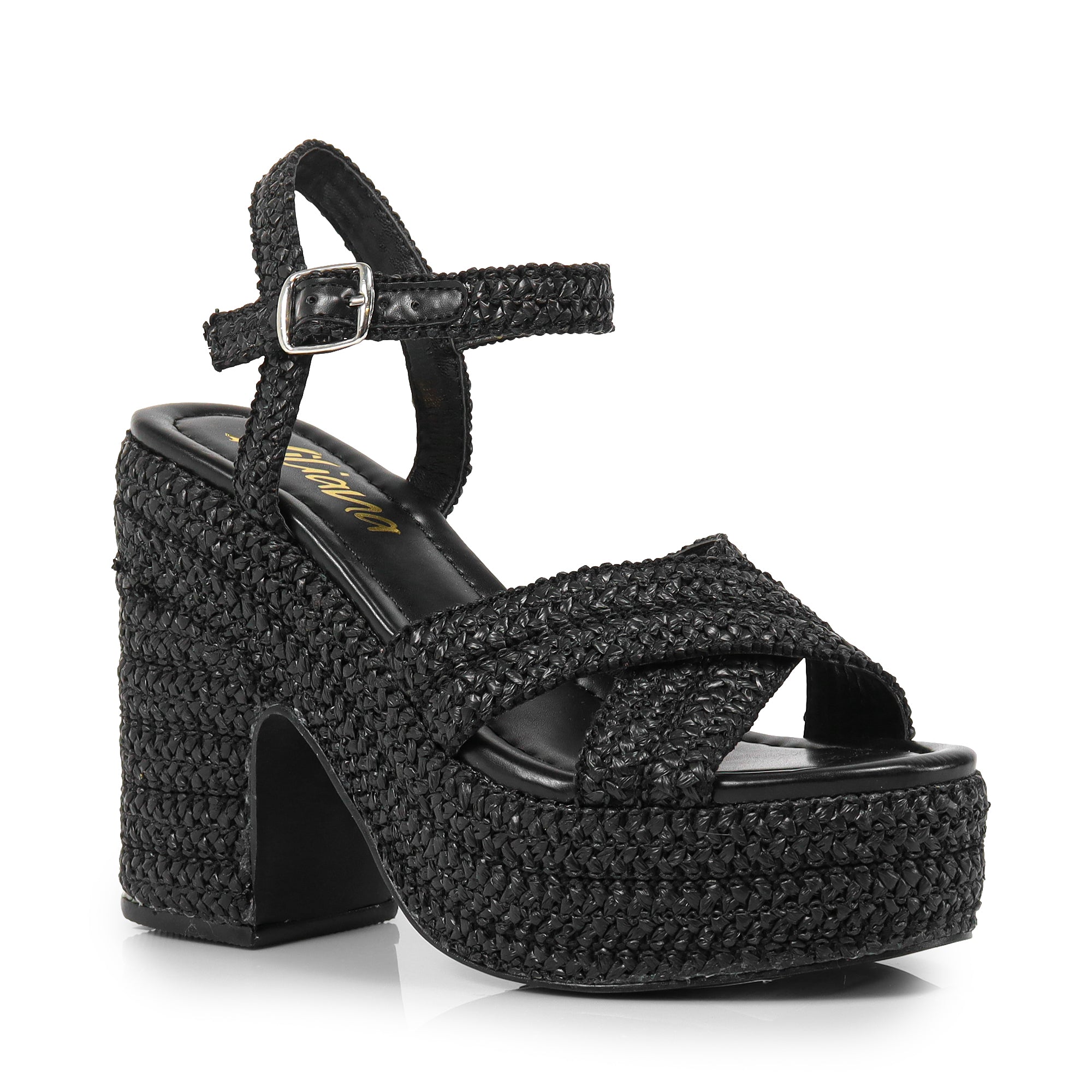DANDY-1 RAFFIA CROSS STRAP PLATFORM ANKLE STRAP W/ CHUNKY HEEL BLACK