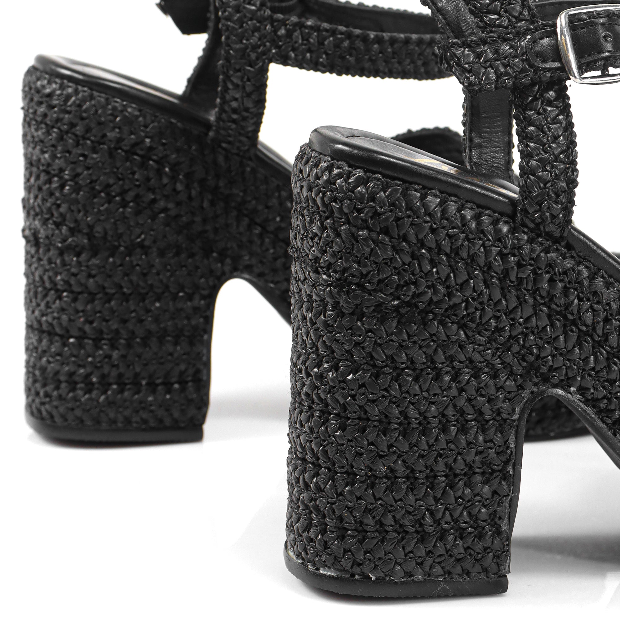 DANDY-1 RAFFIA CROSS STRAP PLATFORM ANKLE STRAP W/ CHUNKY HEEL BLACK