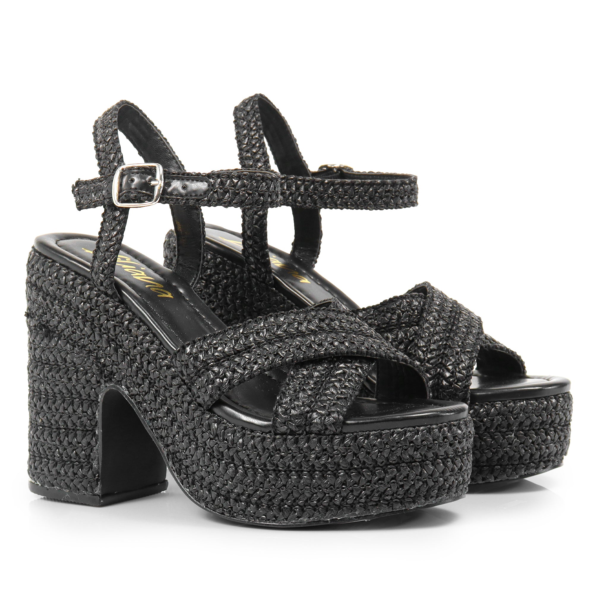 DANDY-1 RAFFIA CROSS STRAP PLATFORM ANKLE STRAP W/ CHUNKY HEEL BLACK