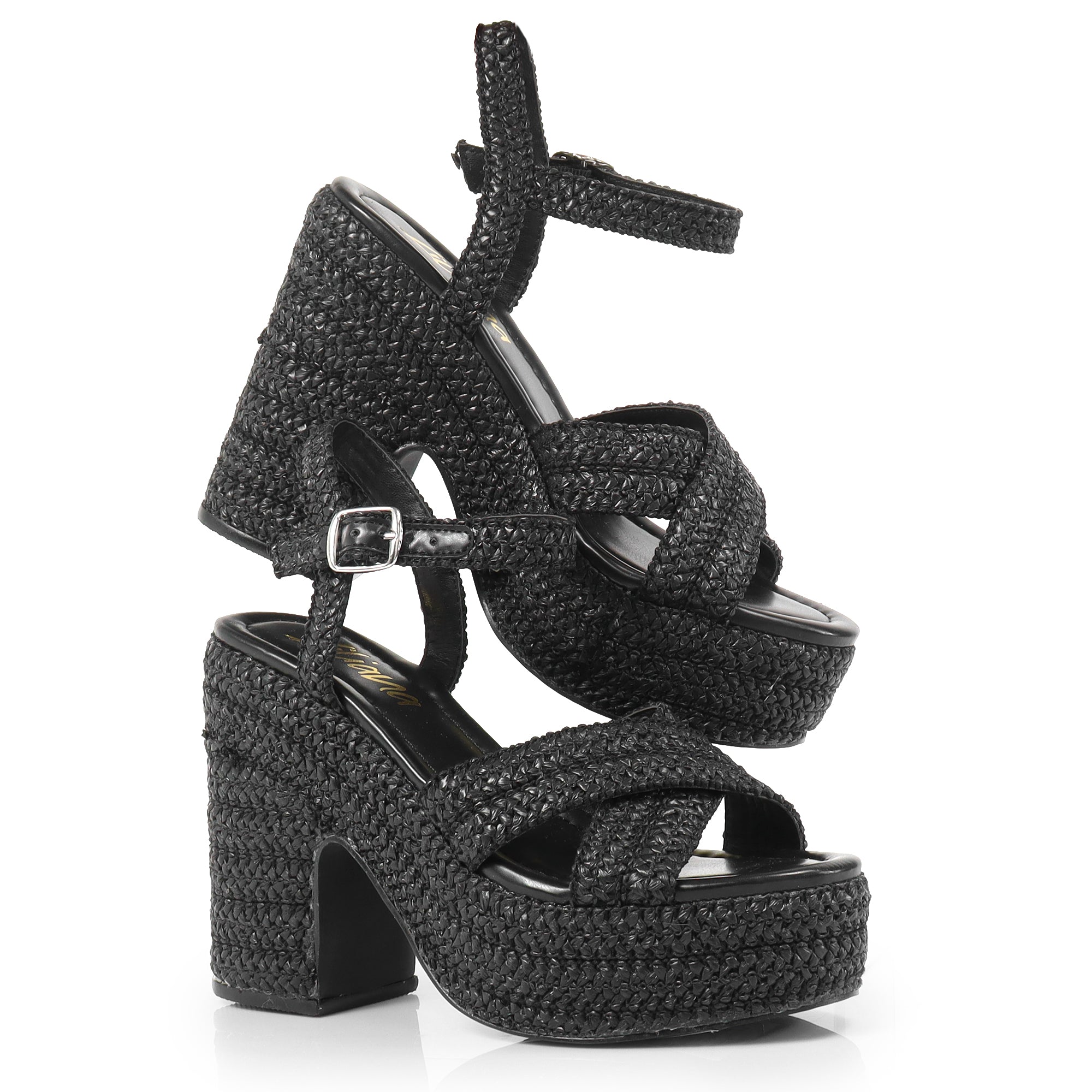 DANDY-1 RAFFIA CROSS STRAP PLATFORM ANKLE STRAP W/ CHUNKY HEEL BLACK
