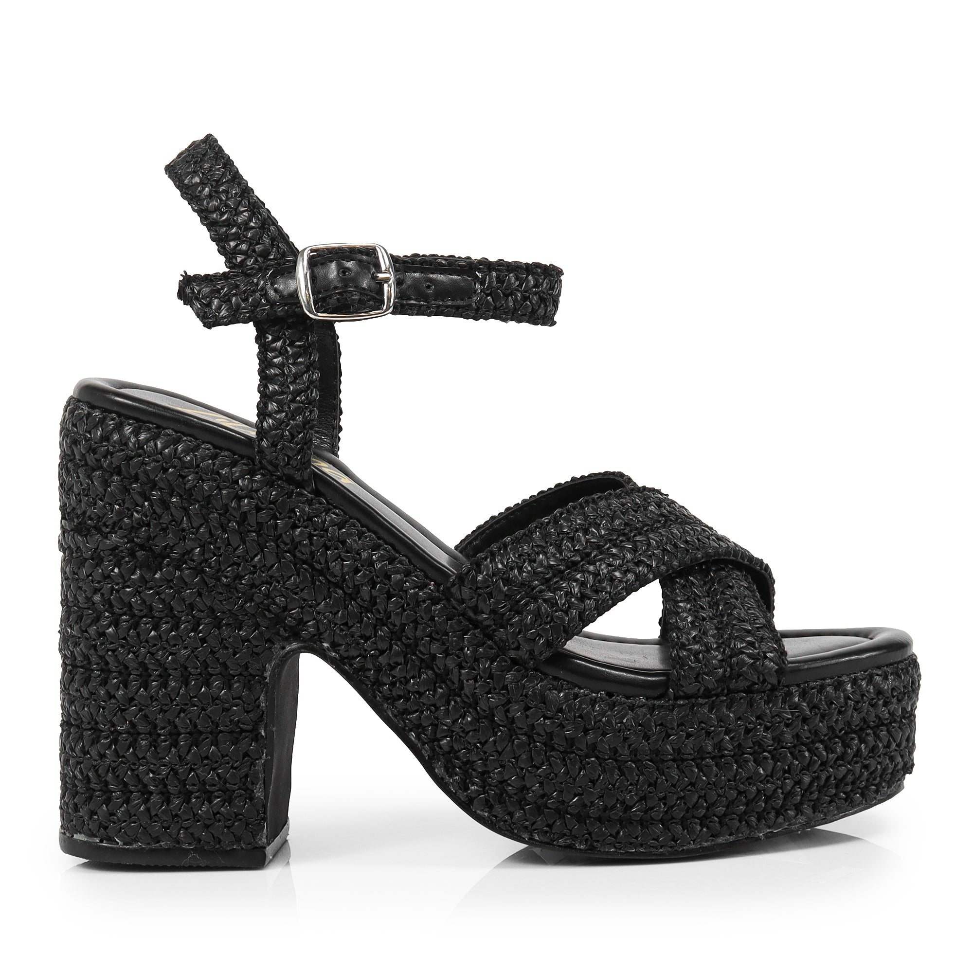 DANDY-1 RAFFIA CROSS STRAP PLATFORM ANKLE STRAP W/ CHUNKY HEEL BLACK