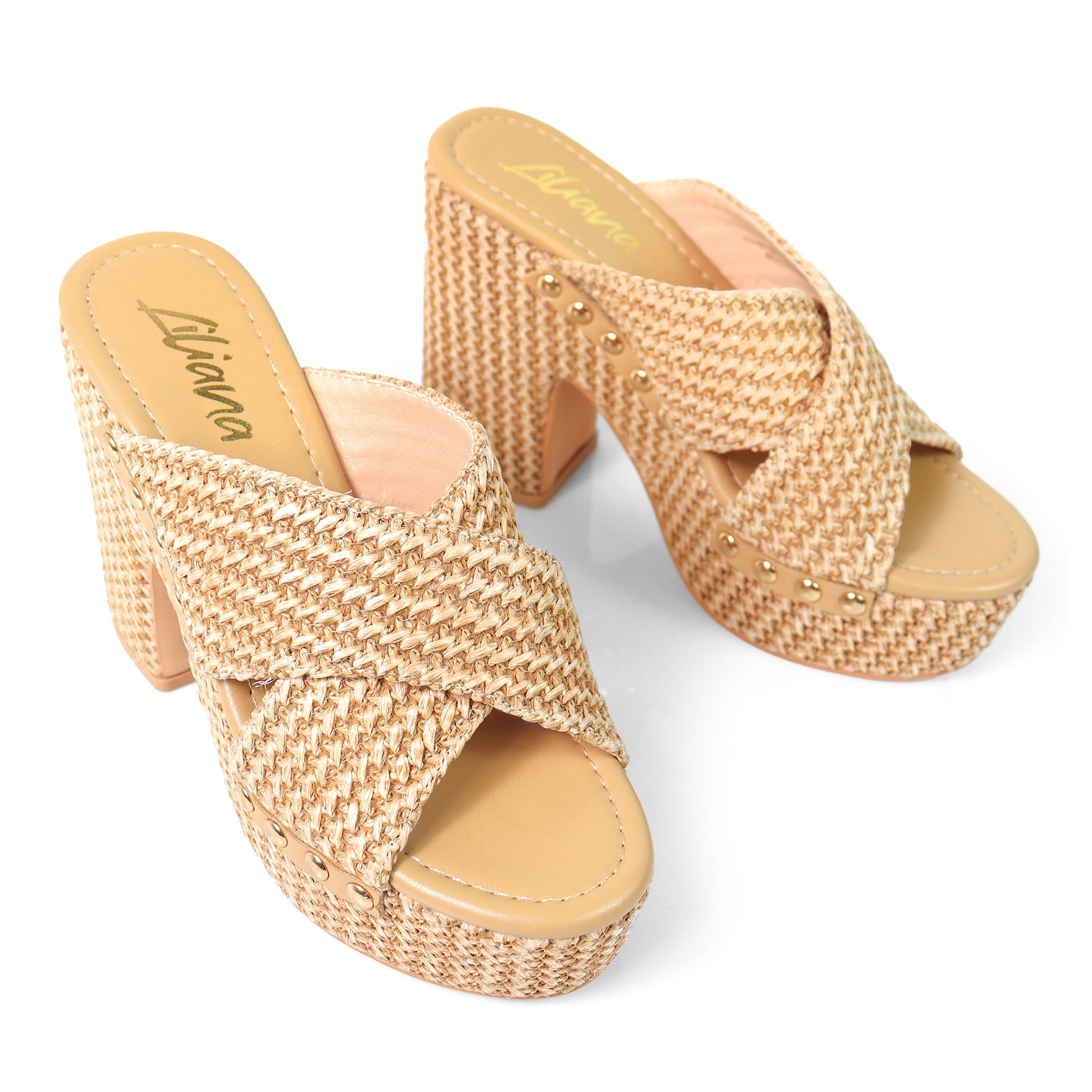 DANDY-2 CROSS STRAP MULE W/ PLATFORM HEEL RAFFIA