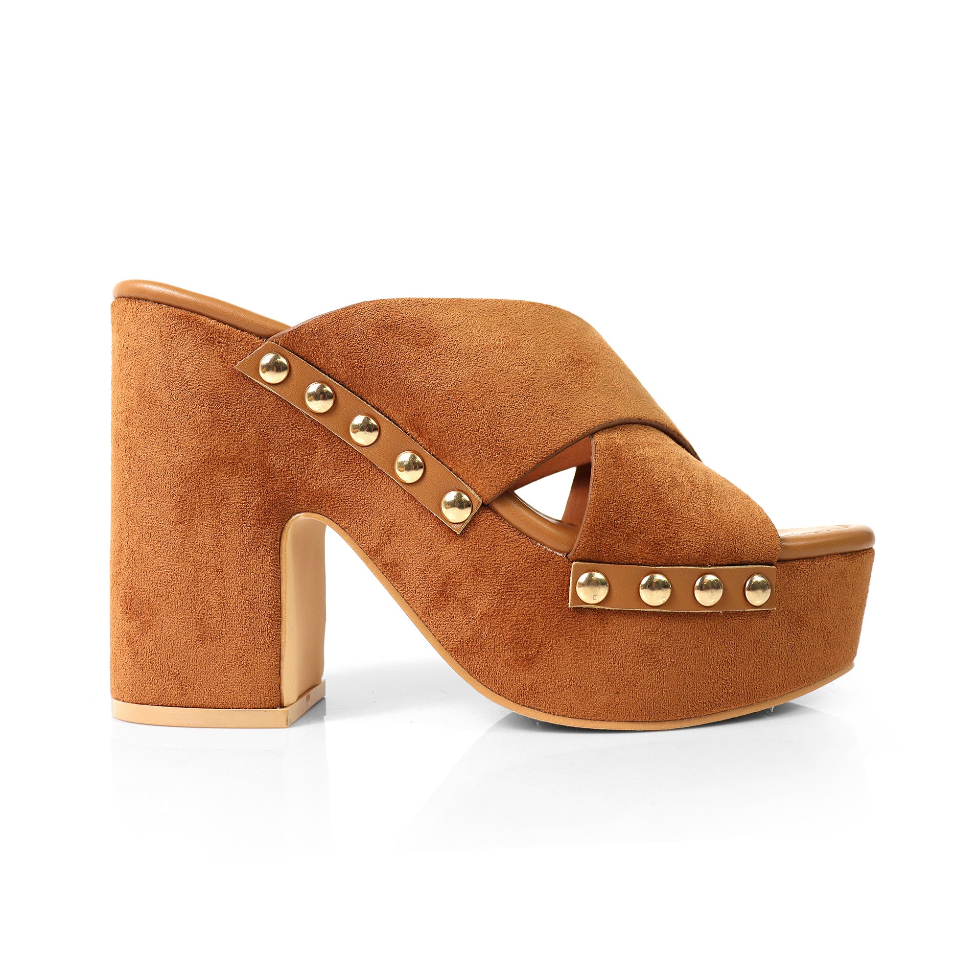 DANDY-2 CROSS STRAP MULE W/ PLATFORM HEEL TAN