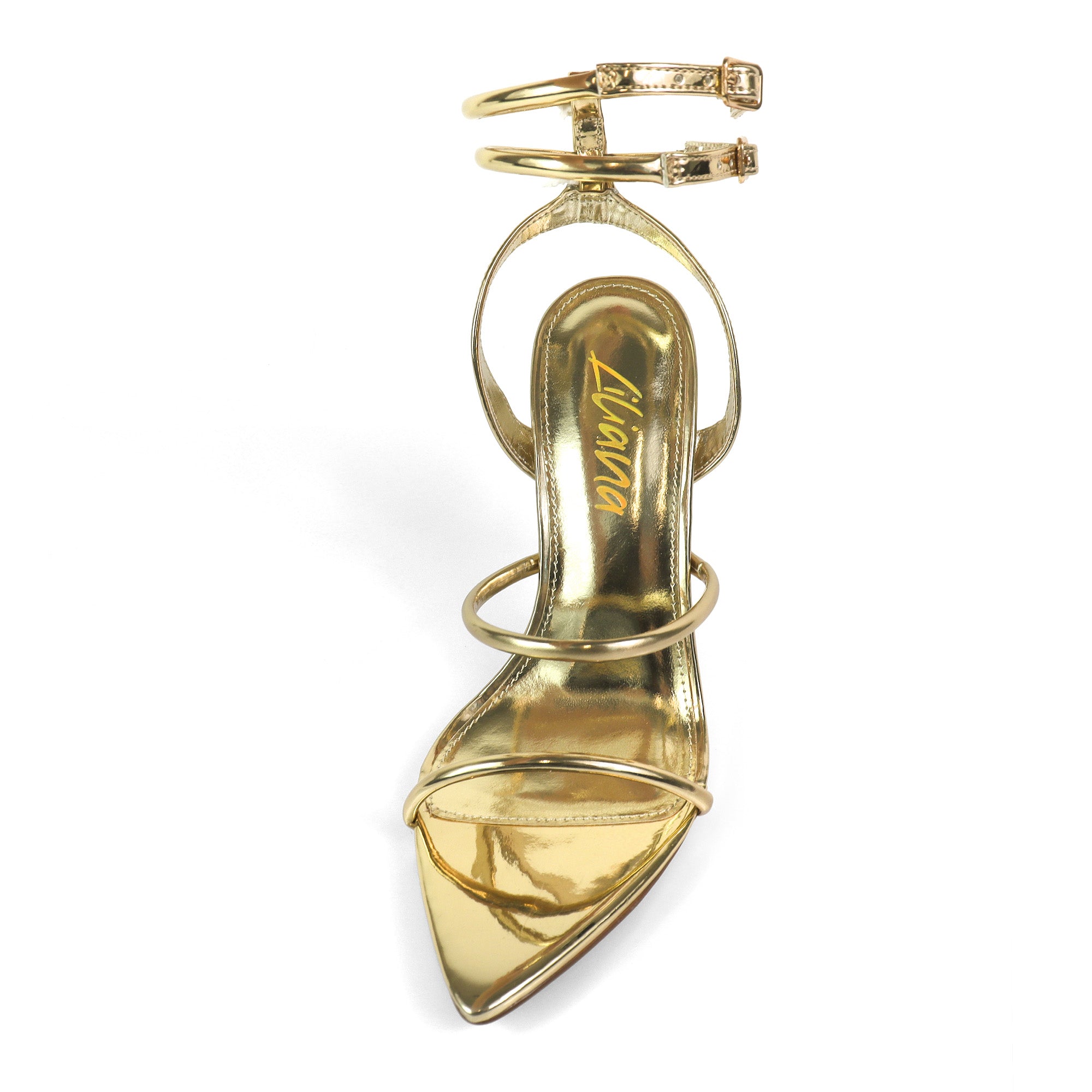 DIVA-4 POINTED TOE STRAP W/ STILETTOS HEEL GOLD