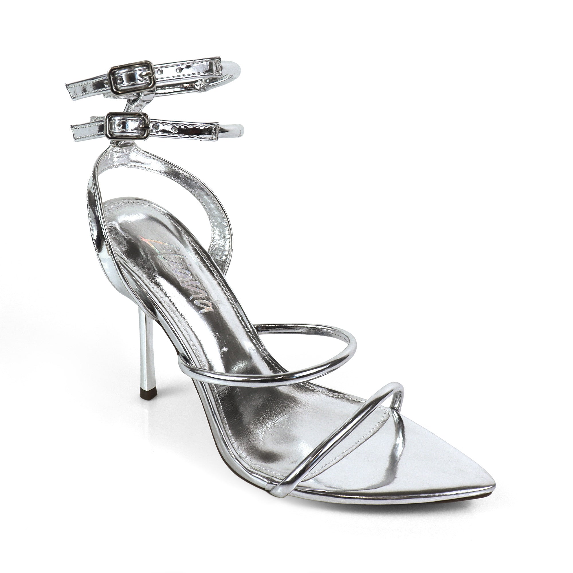 DIVA-4 POINTED TOE STRAP W/ STILETTOS HEEL SILVER