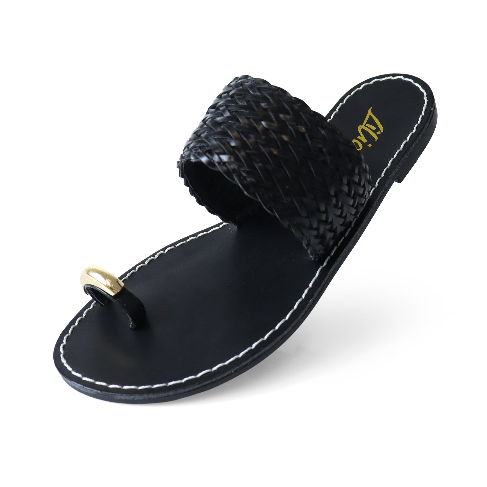 EILEEN-1 WOVEN STRAP TOE RING DESIGN W/FLAT SANDAL BLACK