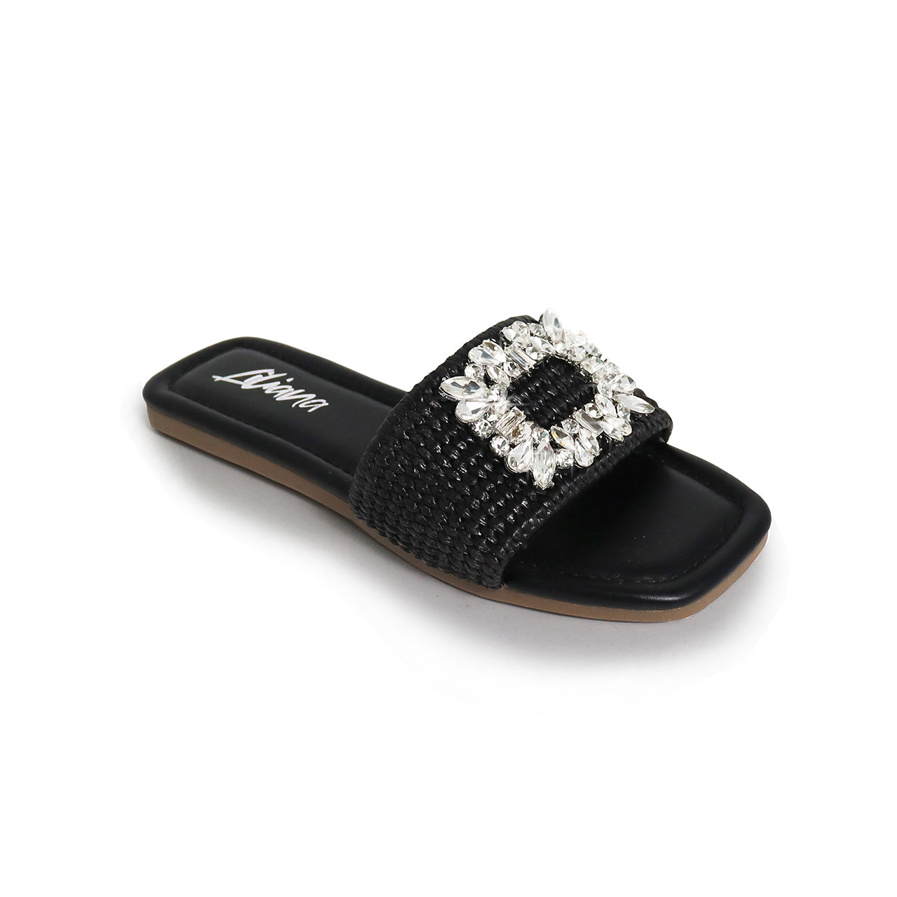 ELBA-1 CRYSTAL BUCKLE RAFFIA SLIDER-BLACK