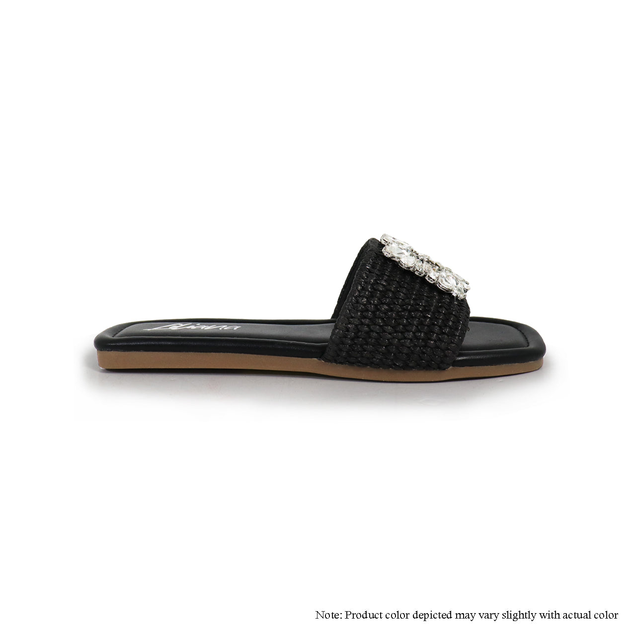 ELBA-1 CRYSTAL BUCKLE RAFFIA SLIDER-BLACK
