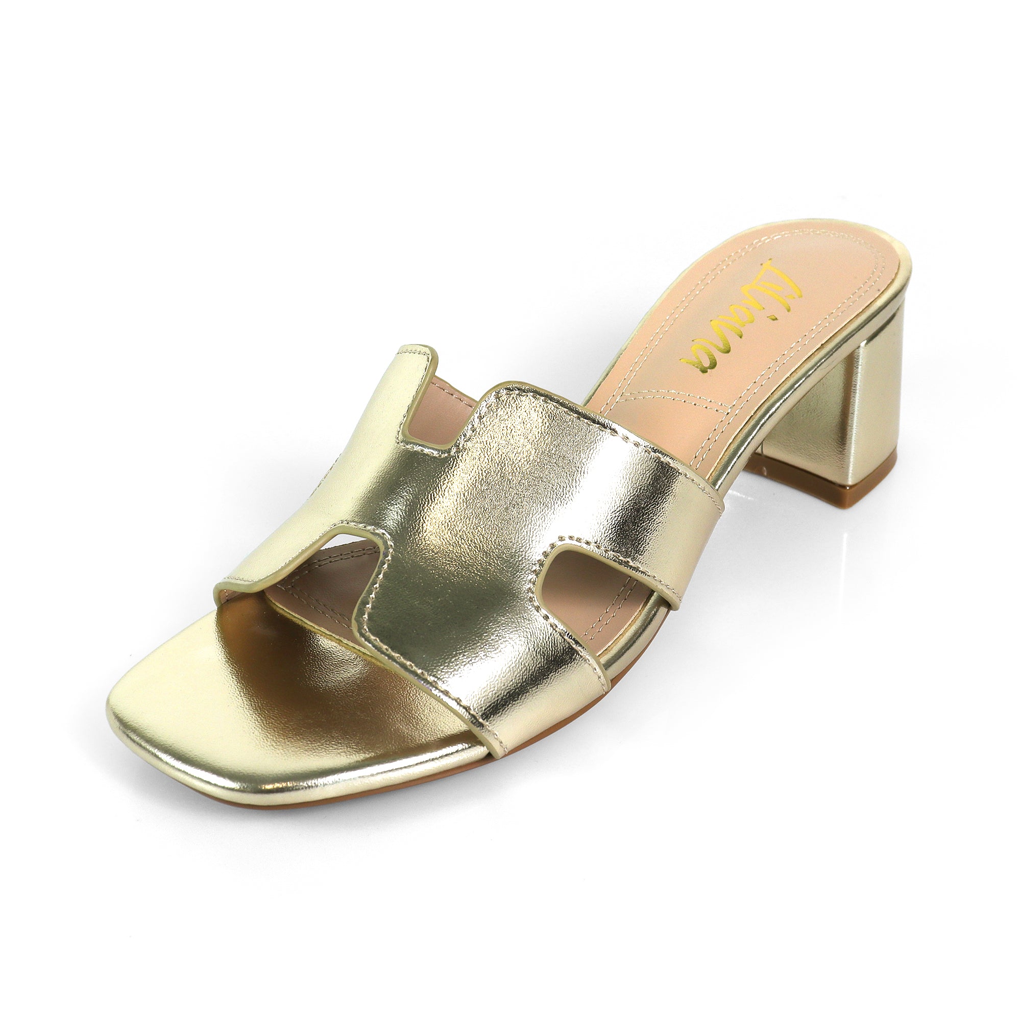 ELENA-1 ALMOND OPEN TOE MID HIGH HEEL GOLD
