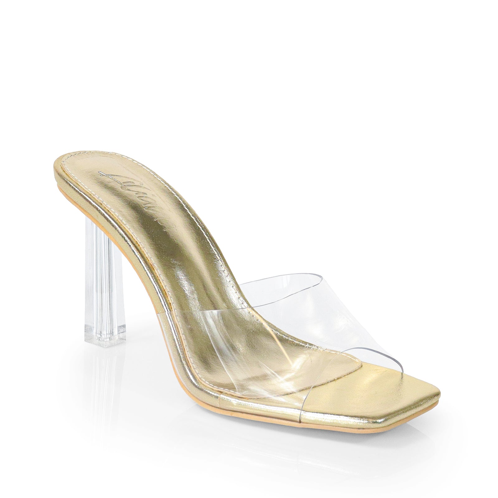 ELISA-1 CLEAR STRAP W/ RECTANGULAR PRISM HEEL GOLD