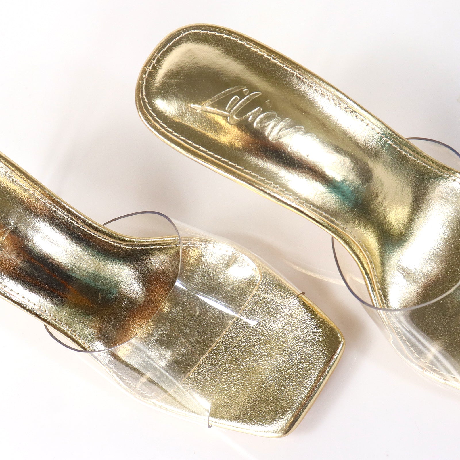 ELISA-1 CLEAR STRAP W/ RECTANGULAR PRISM HEEL GOLD