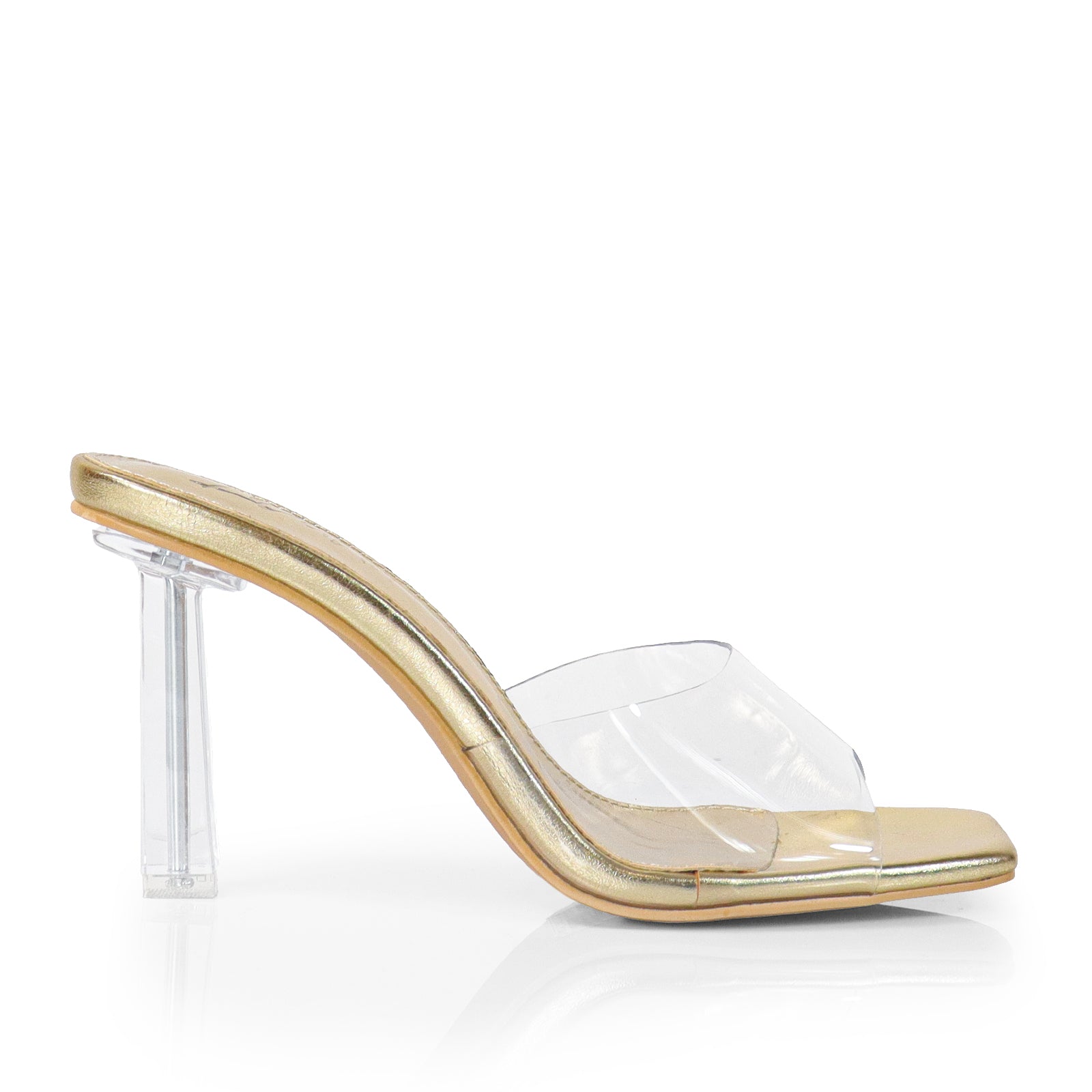 ELISA-1 CLEAR STRAP W/ RECTANGULAR PRISM HEEL GOLD