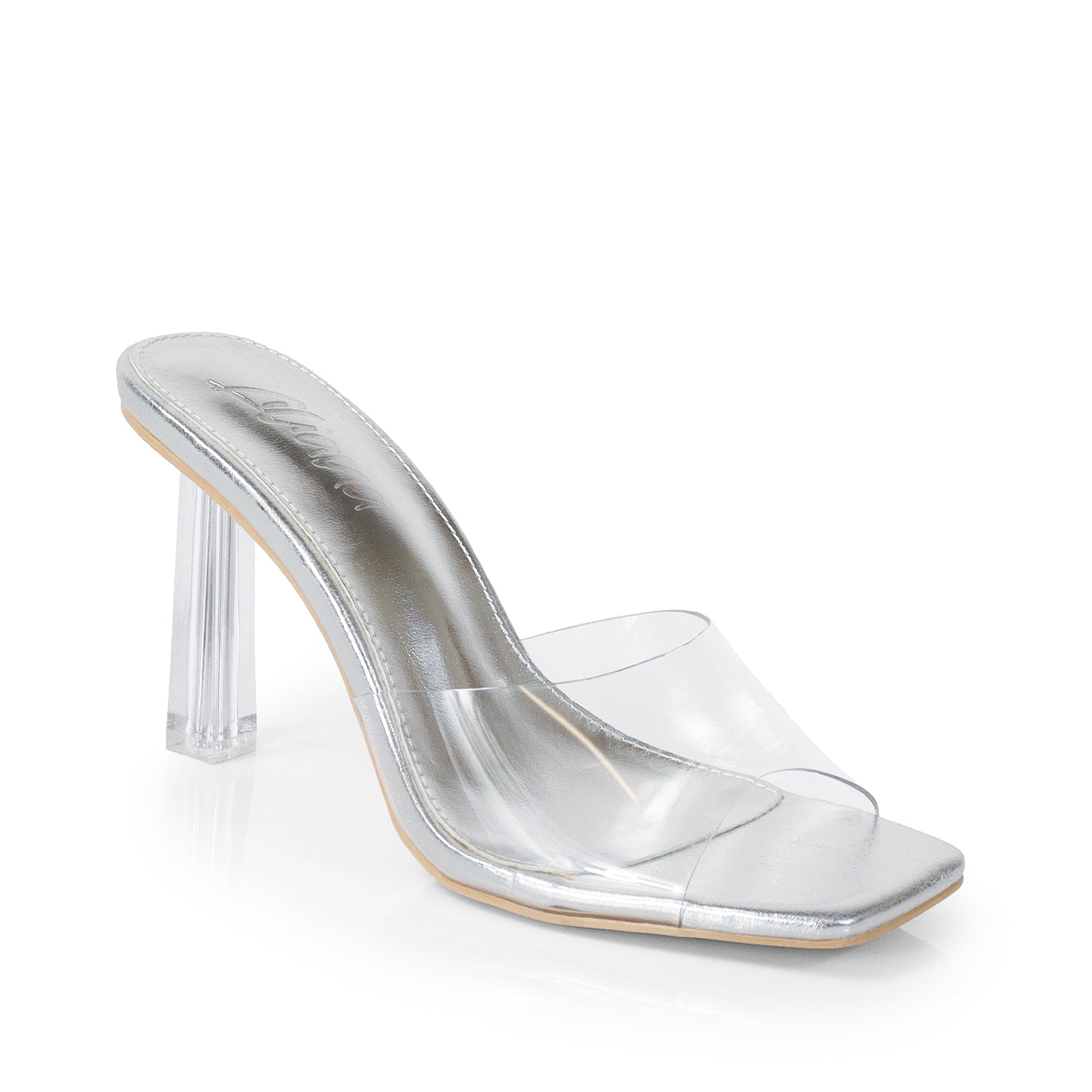 ELISA-1 CLEAR STRAP W/ RECTANGULAR PRISM HEEL SILV