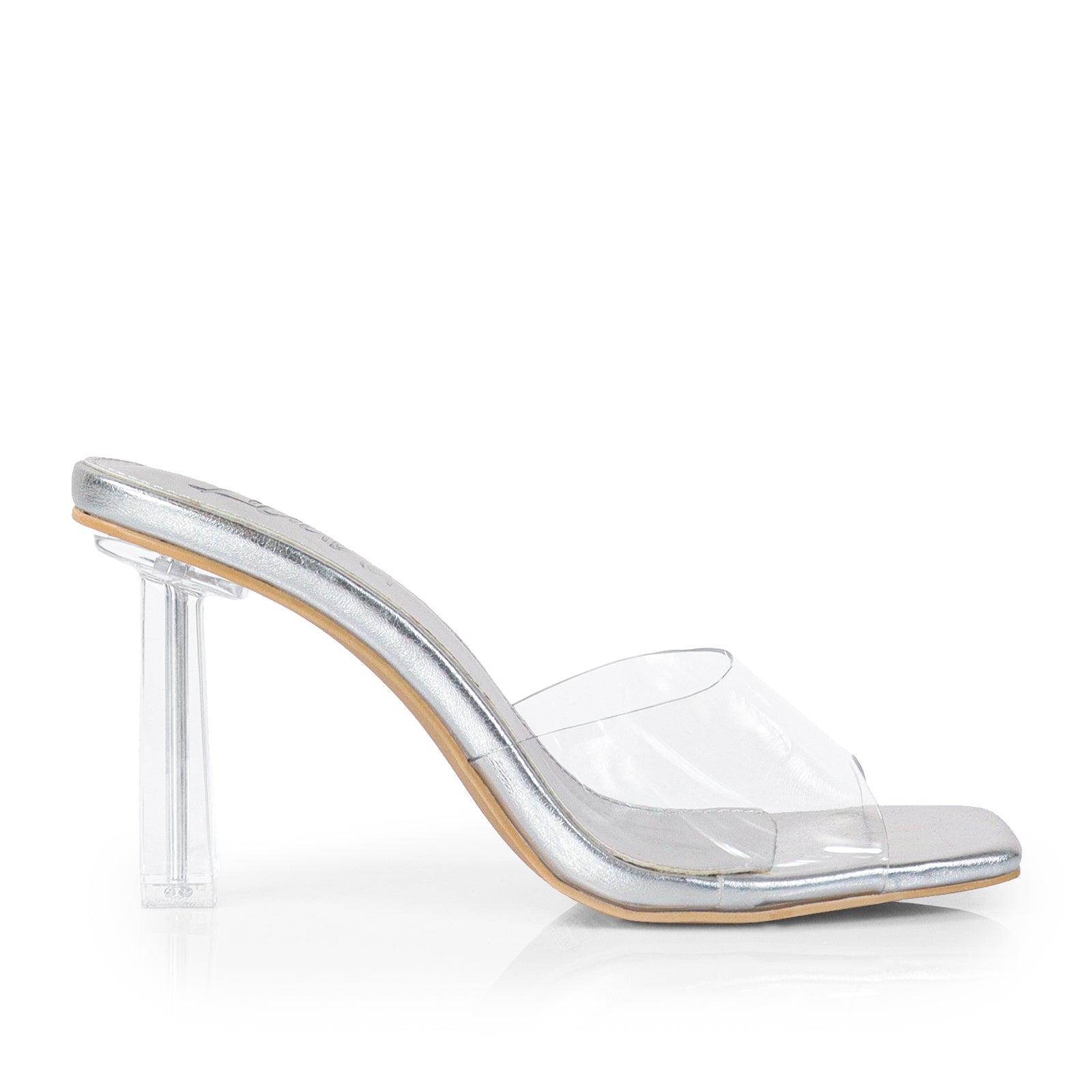 ELISA-1 CLEAR STRAP W/ RECTANGULAR PRISM HEEL SILV