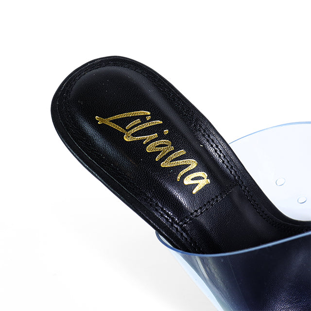 EMILY-4 CLEAR SLIP ON HEEL WITH METAL TOE RING DETAIL BLACK