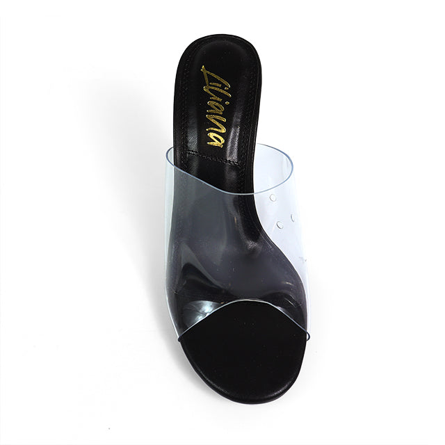 EMILY-4 CLEAR SLIP ON HEEL WITH METAL TOE RING DETAIL BLACK