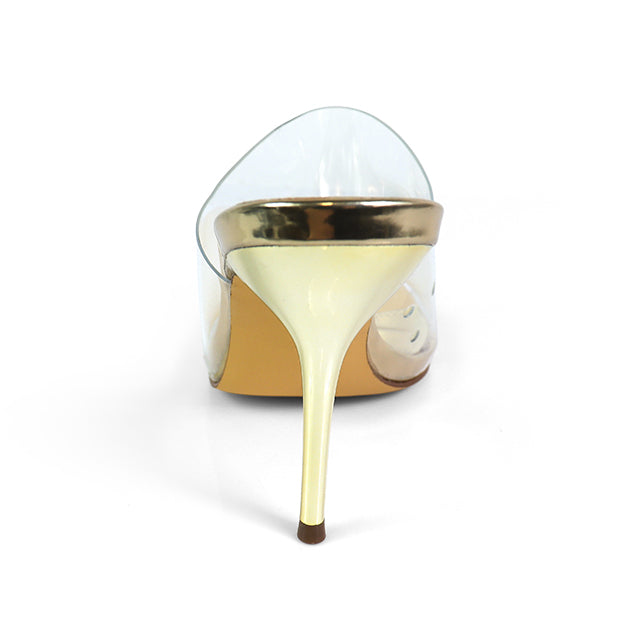EMILY-4 CLEAR SLIP ON HEEL WITH METAL TOE RING DETAIL GOLD