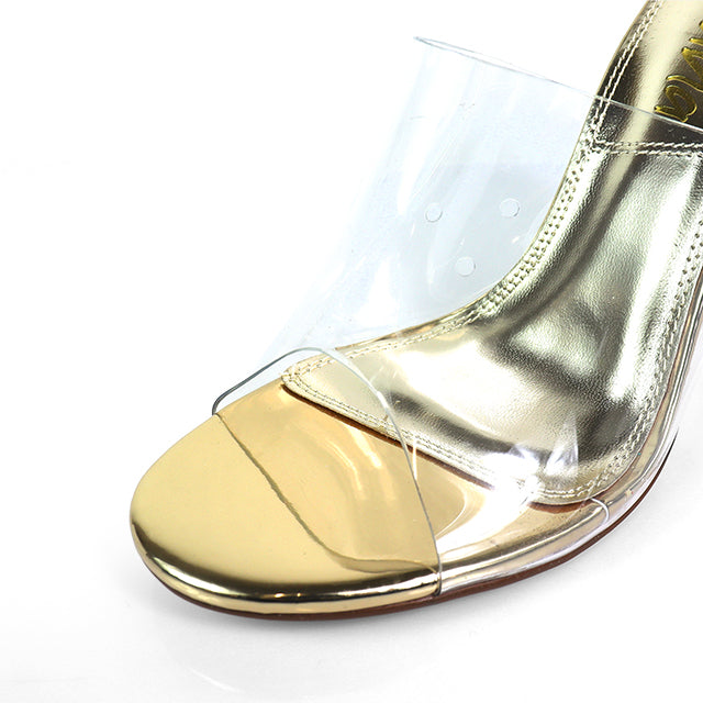 EMILY-4 CLEAR SLIP ON HEEL WITH METAL TOE RING DETAIL GOLD