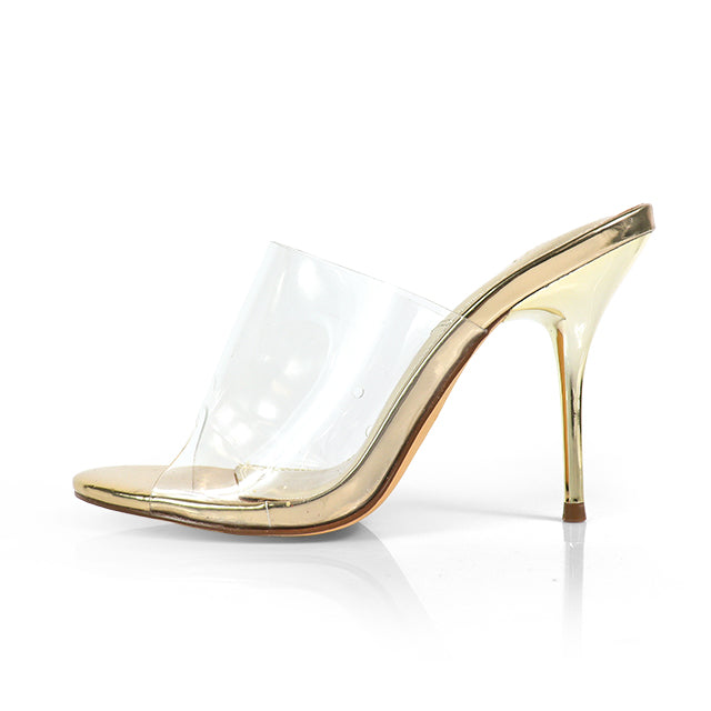 EMILY-4 CLEAR SLIP ON HEEL WITH METAL TOE RING DETAIL GOLD