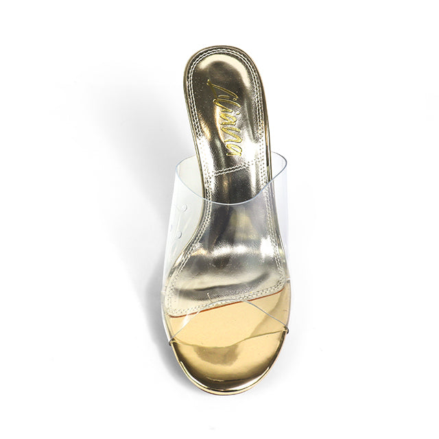 EMILY-4 CLEAR SLIP ON HEEL WITH METAL TOE RING DETAIL GOLD