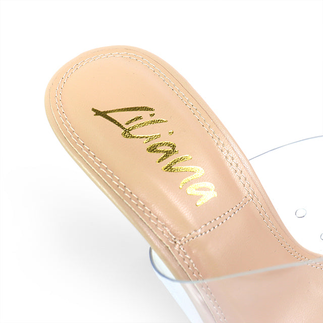 EMILY-4 CLEAR SLIP ON HEEL WITH METAL TOE RING DETAIL NUDE