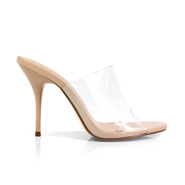 EMILY-4 CLEAR SLIP ON HEEL WITH METAL TOE RING DETAIL NUDE