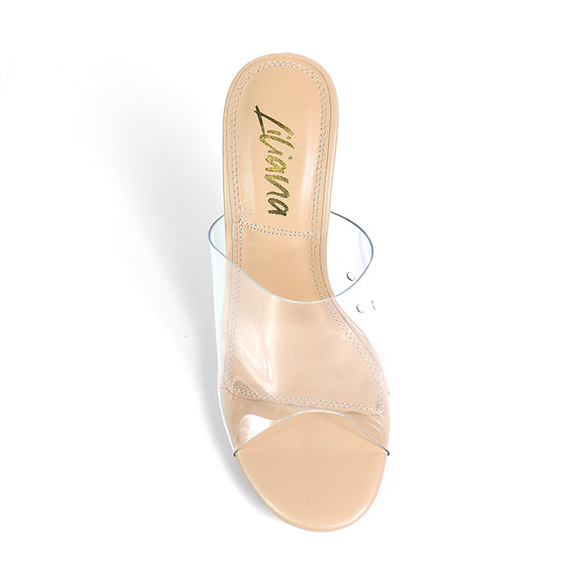 EMILY-4 CLEAR SLIP ON HEEL WITH METAL TOE RING DETAIL NUDE