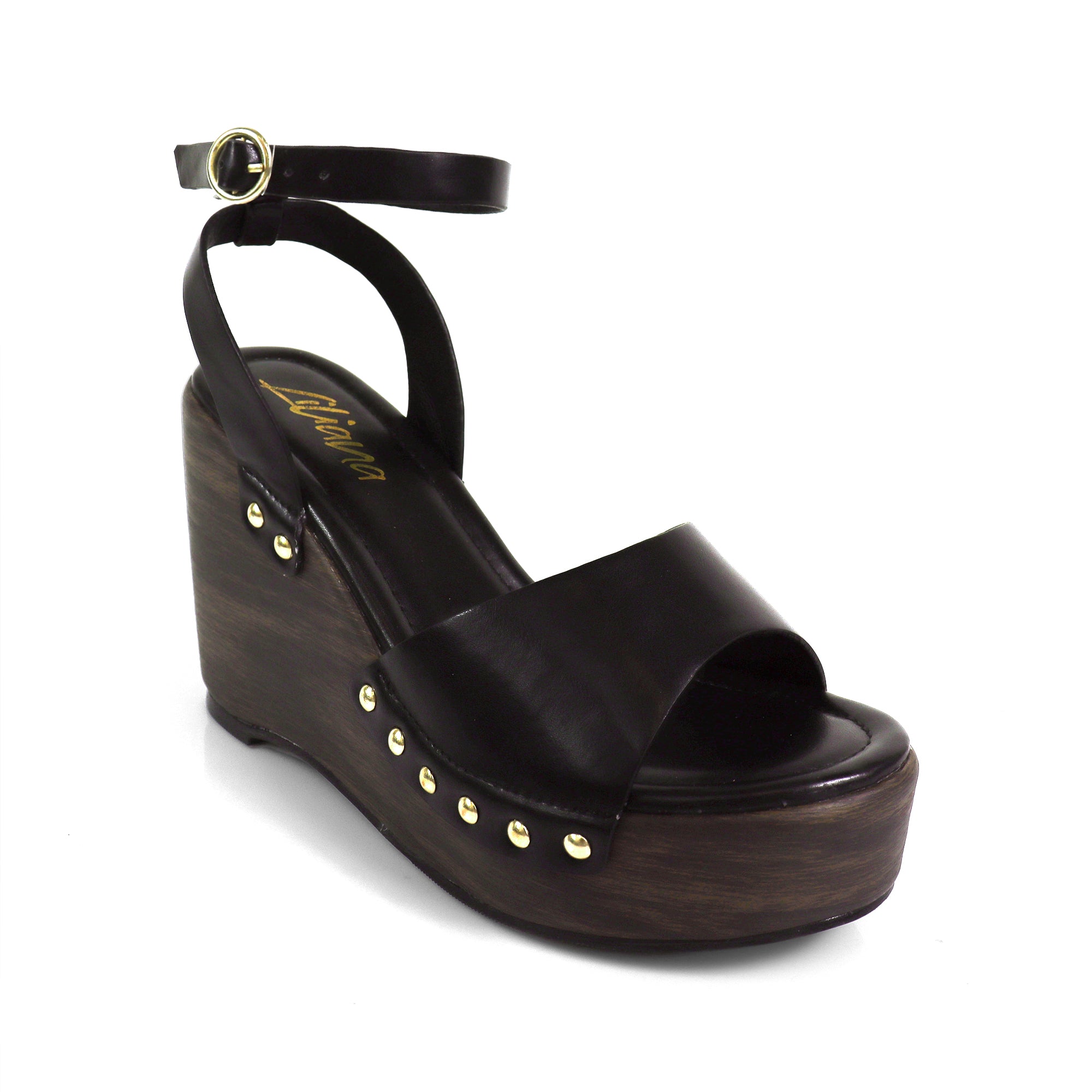 ERIN-1 ANKLE STRAP STUD WEDGE BLACK