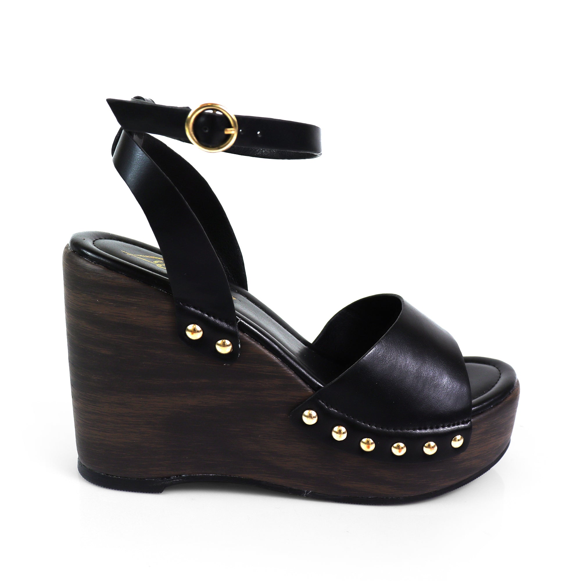 ERIN-1 ANKLE STRAP STUD WEDGE BLACK