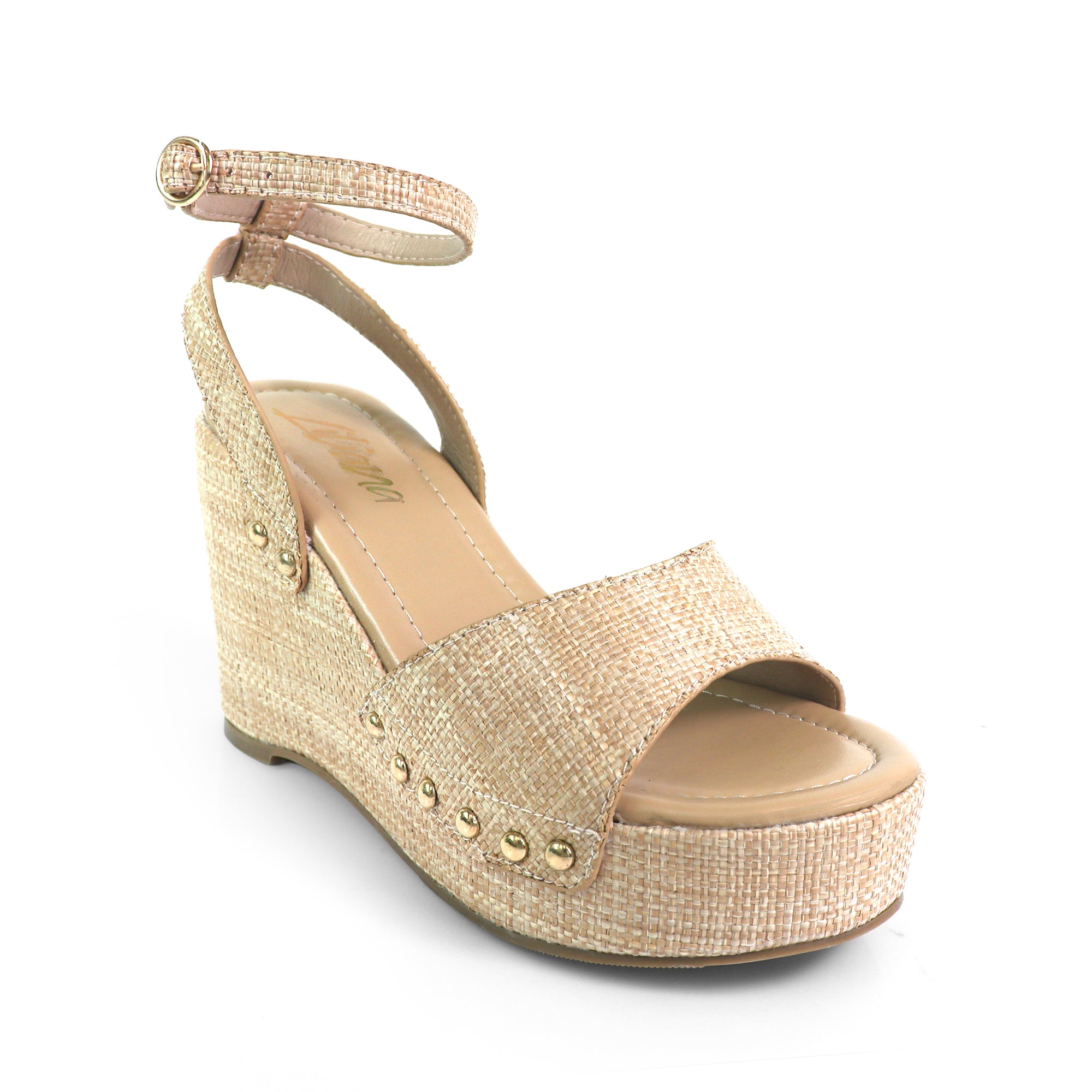 ERIN-1 ANKLE STRAP STUD WEDGE RAFFIA
