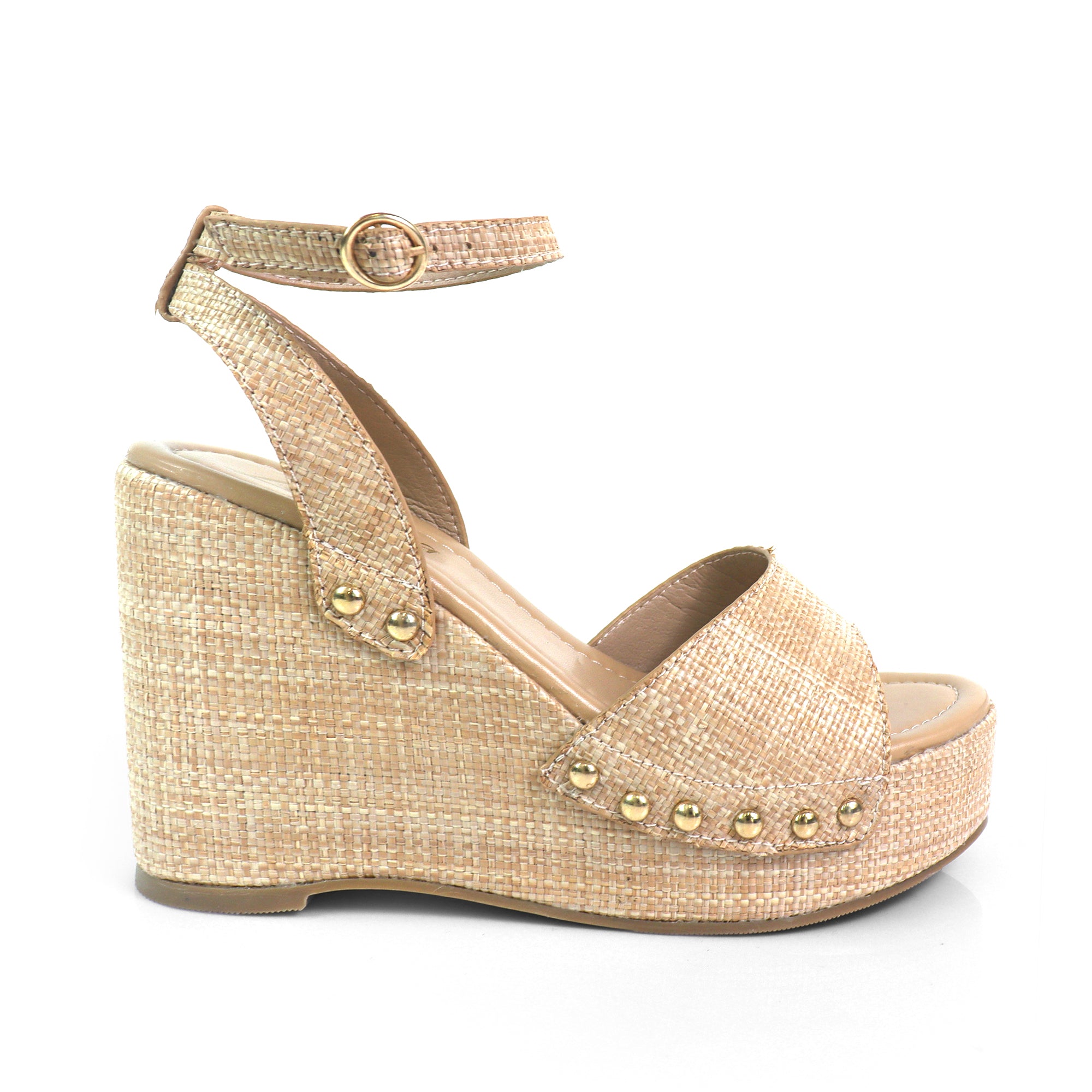 ERIN-1 ANKLE STRAP STUD WEDGE RAFFIA