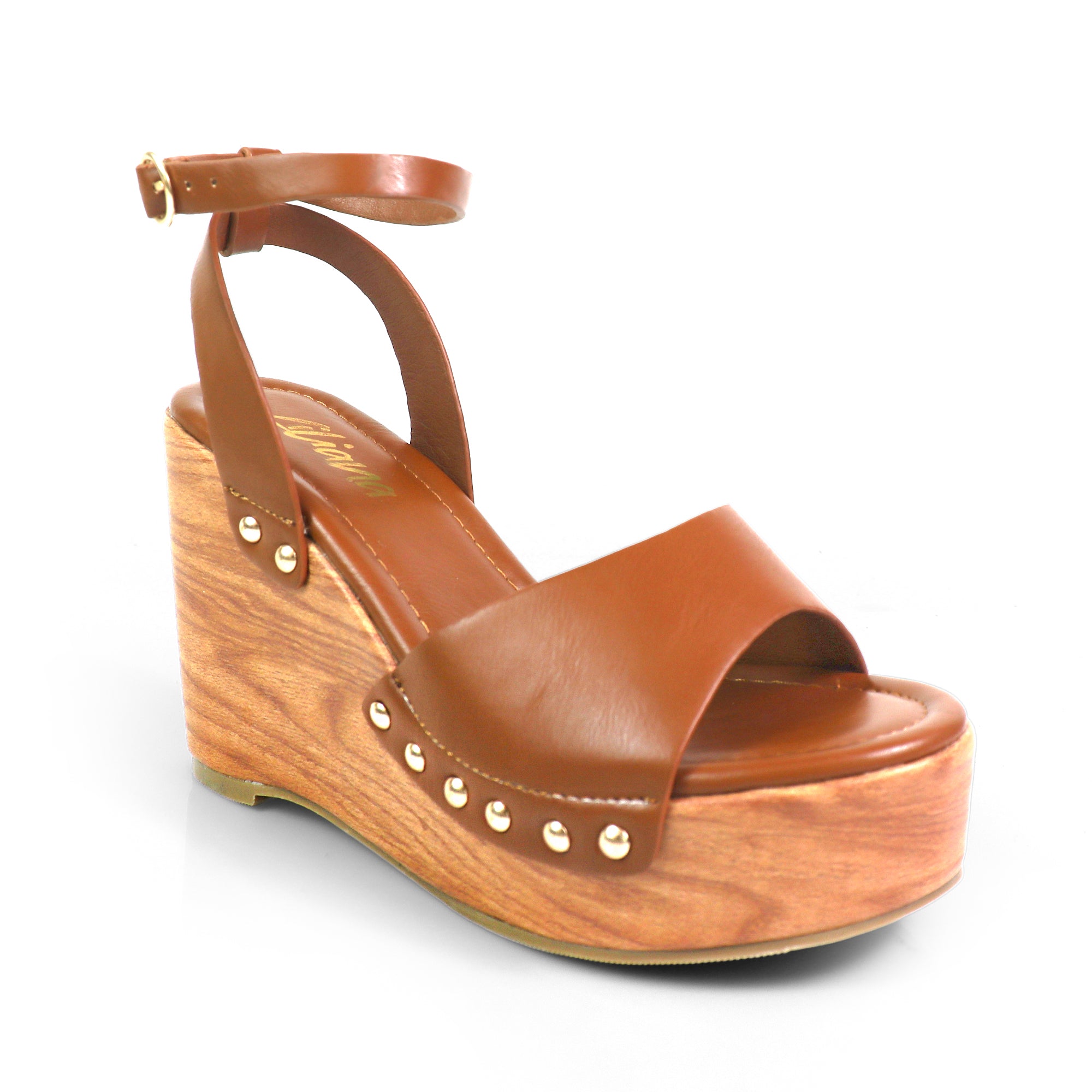 ERIN-1 ANKLE STRAP STUD WEDGE TAN