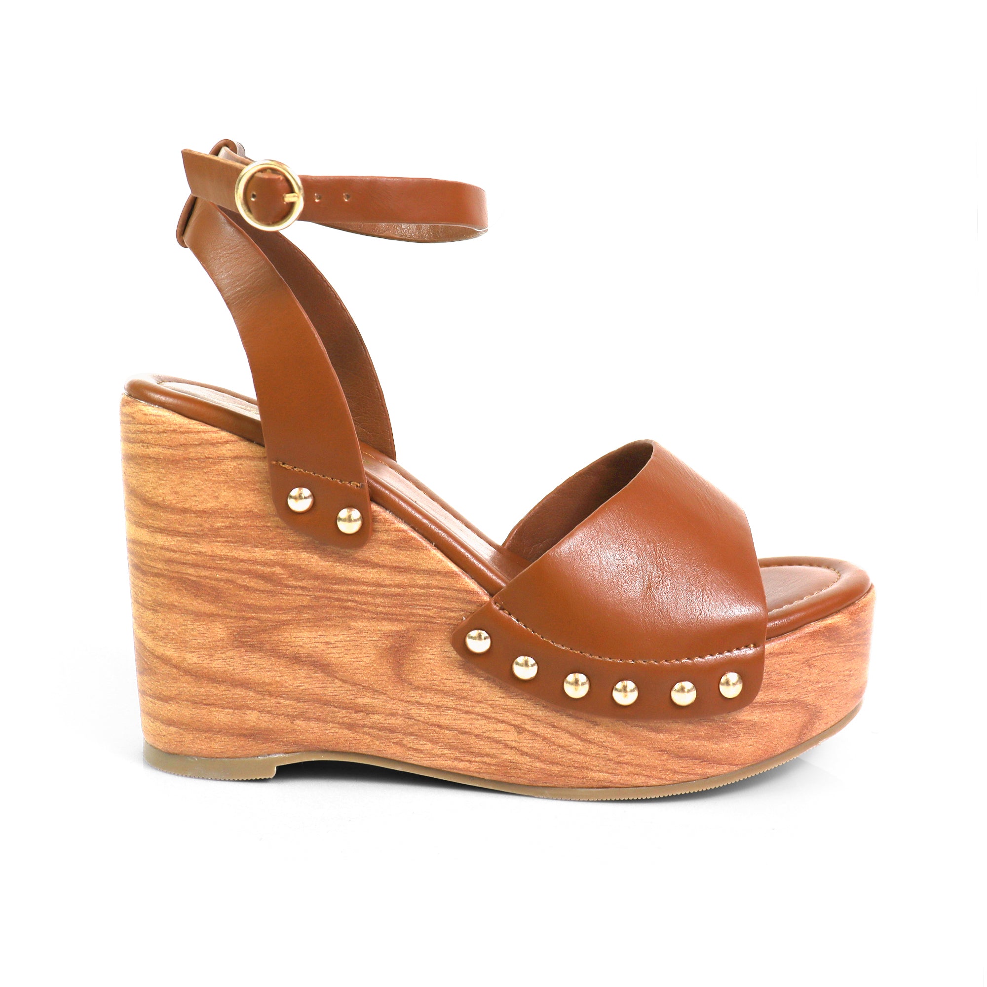 ERIN-1 ANKLE STRAP STUD WEDGE TAN