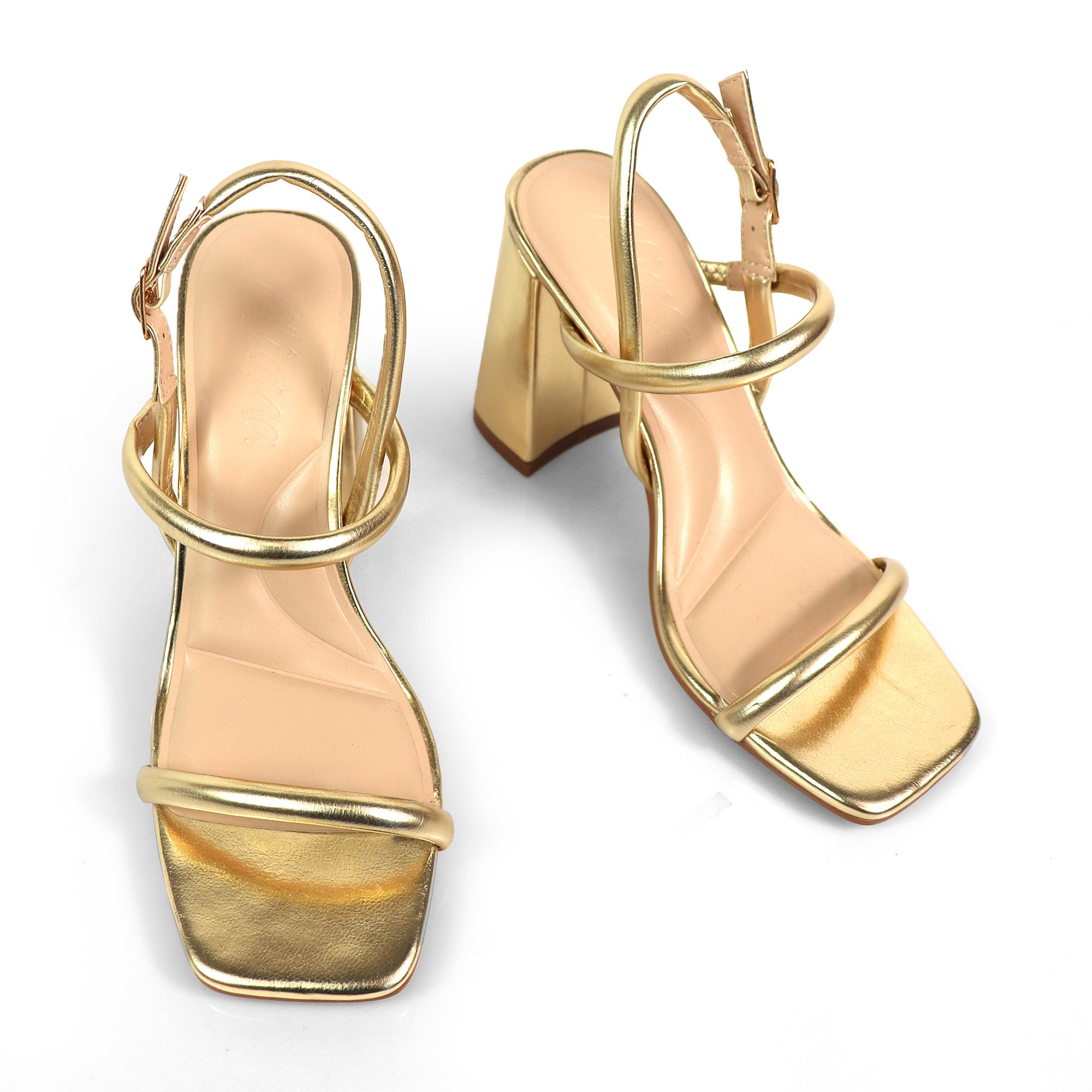 EVELYN-1 OPEN TOE ANKLE STRAP W/ HEEL GOLD