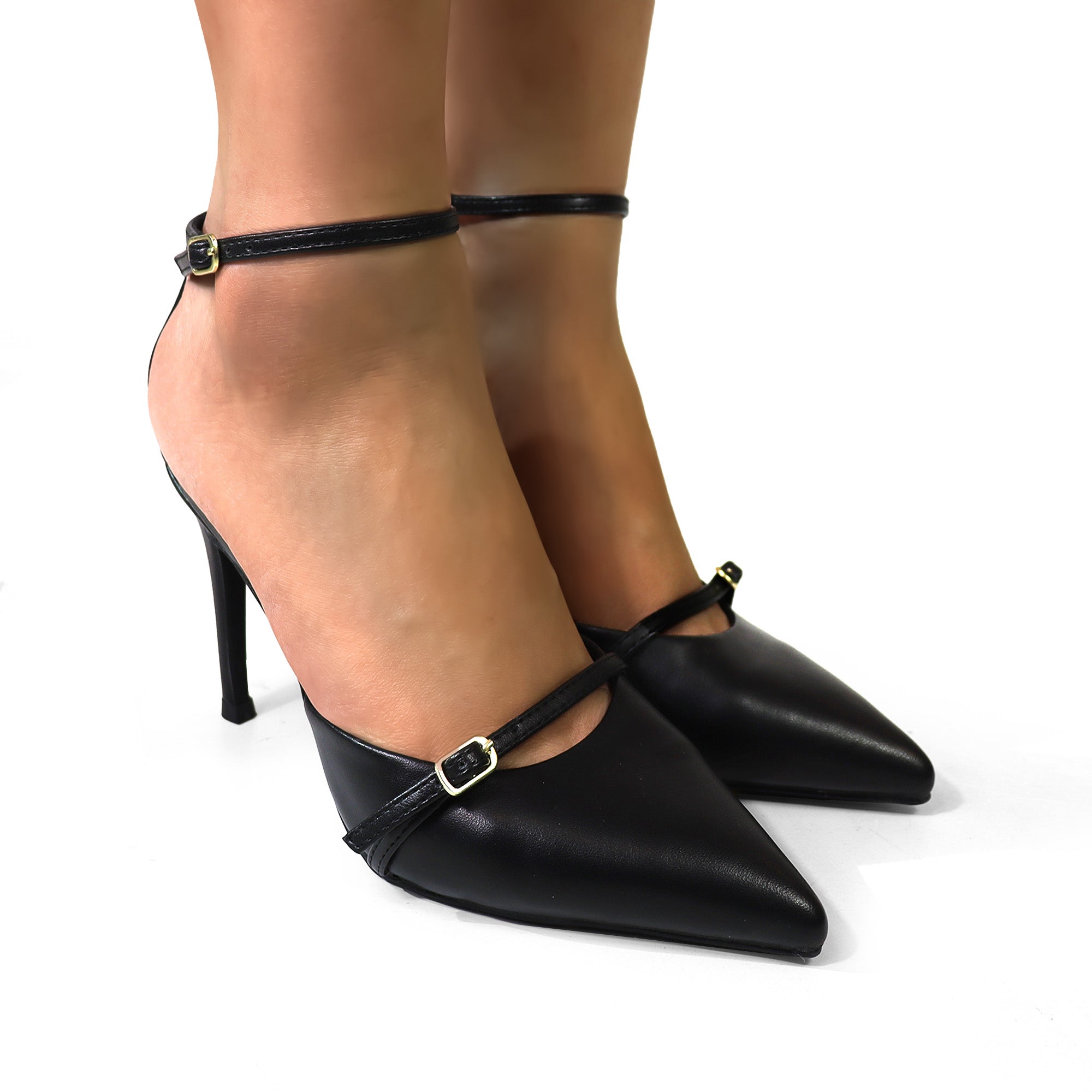 EVES-1 POINTIED TOE ANKLE STRAP W/ HEEL, BLACK
