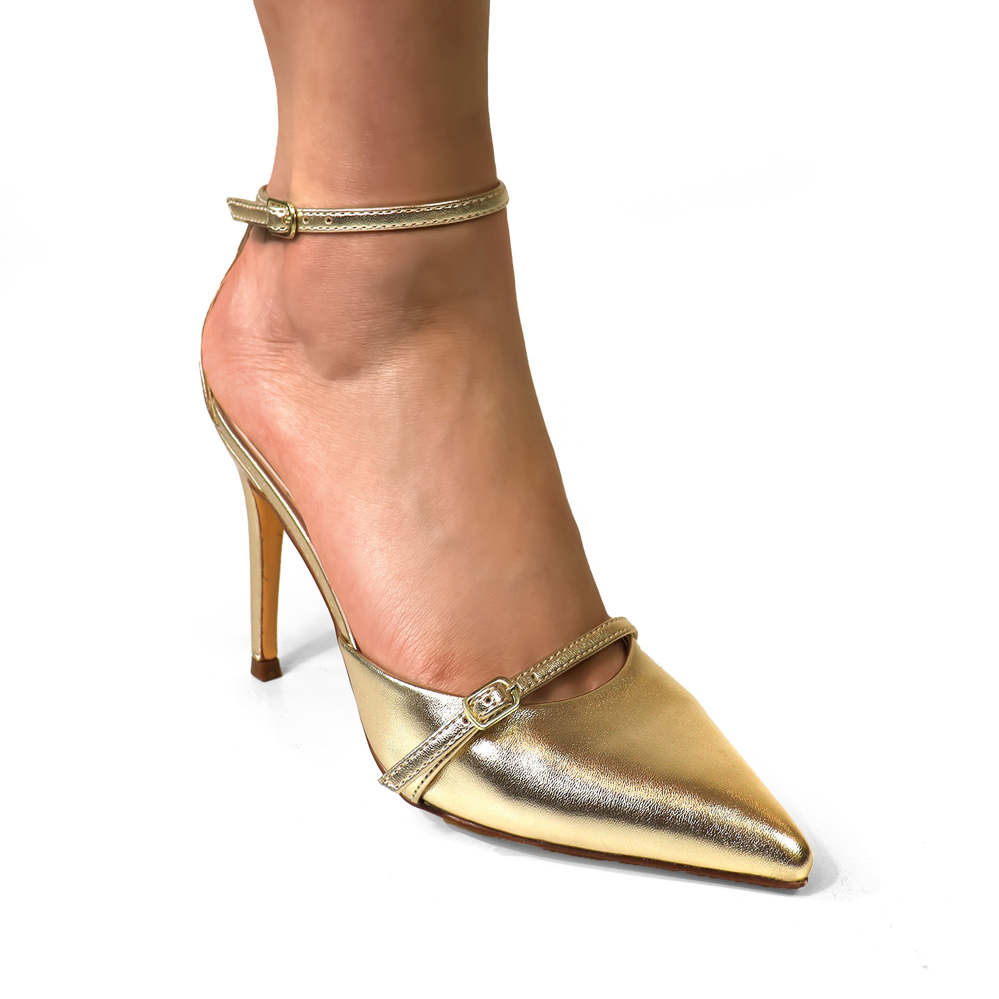 EVES-1 POINTIED TOE ANKLE STRAP W/ HEEL, GOLD