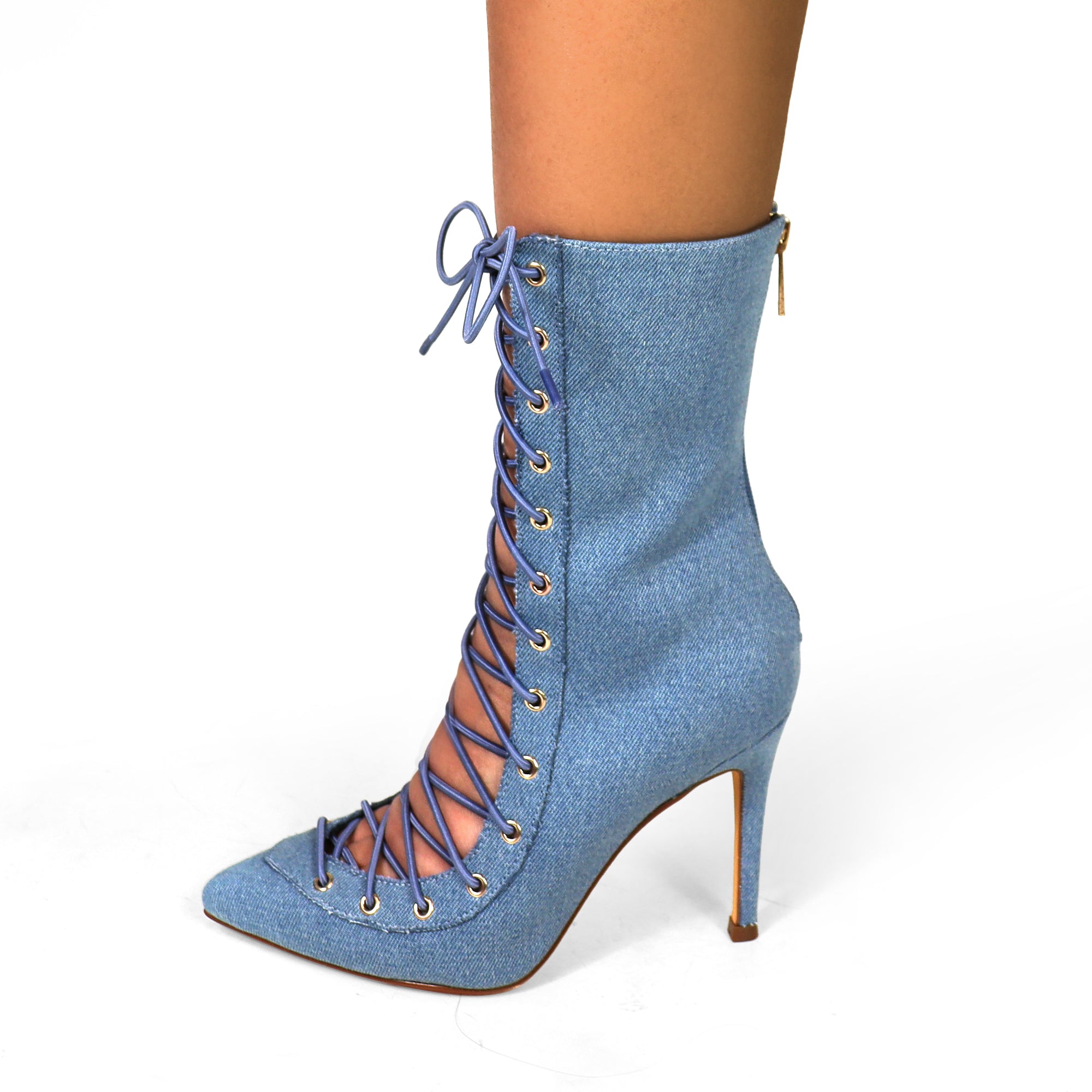 EVES-2 LACE UP ANKLE BOOTI W/STILETTO HEEL DENIM