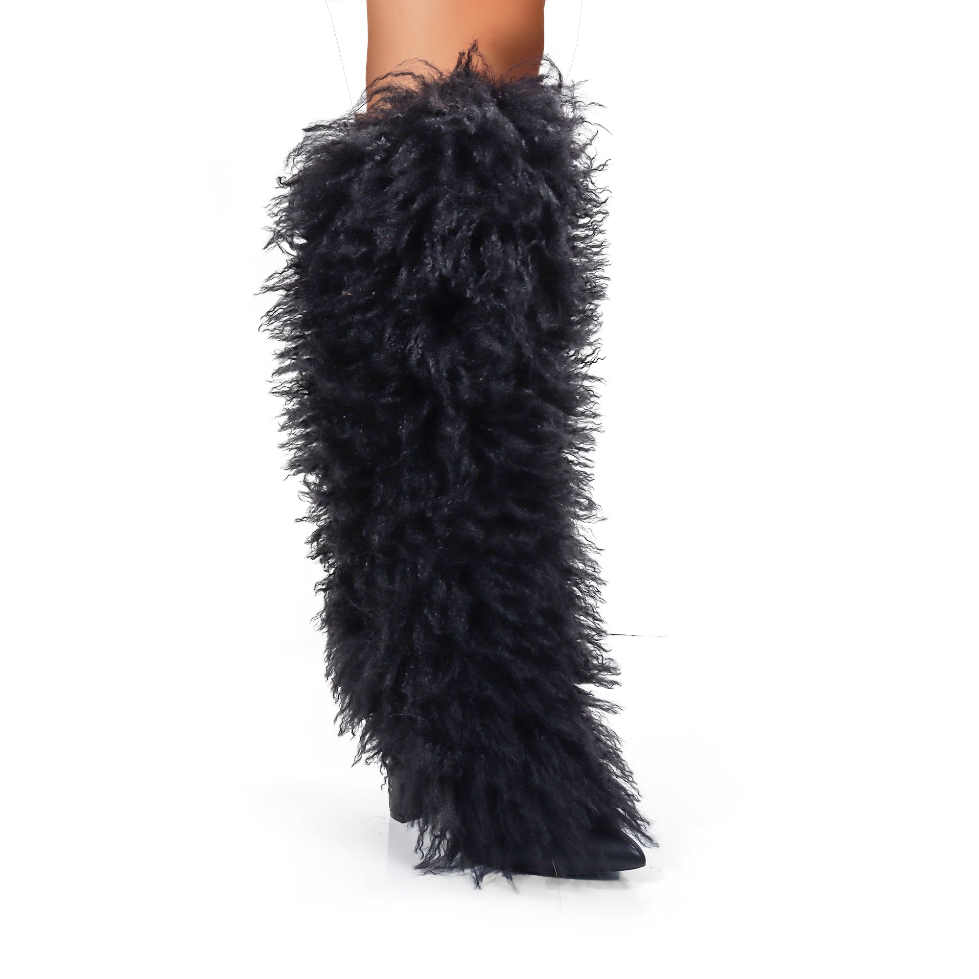 FANCY-1 POINTED TOE KNEE HIGH FUR BOOTS W/ CHUNCKY HEEL BLACK