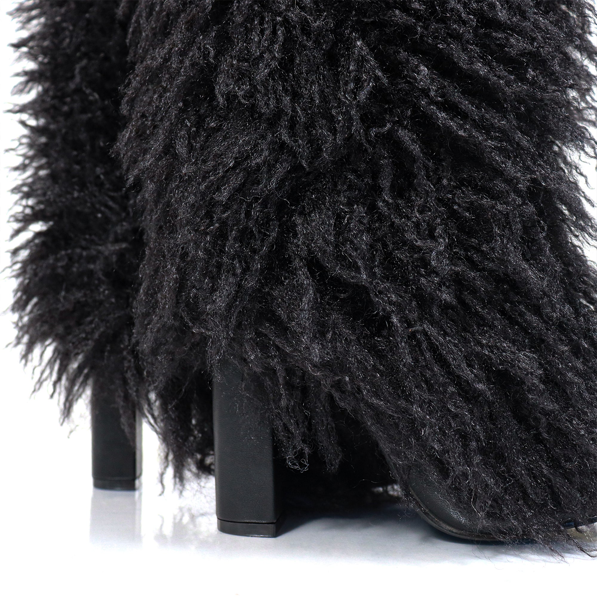 FANCY-1 POINTED TOE KNEE HIGH FUR BOOTS W/ CHUNCKY HEEL BLACK