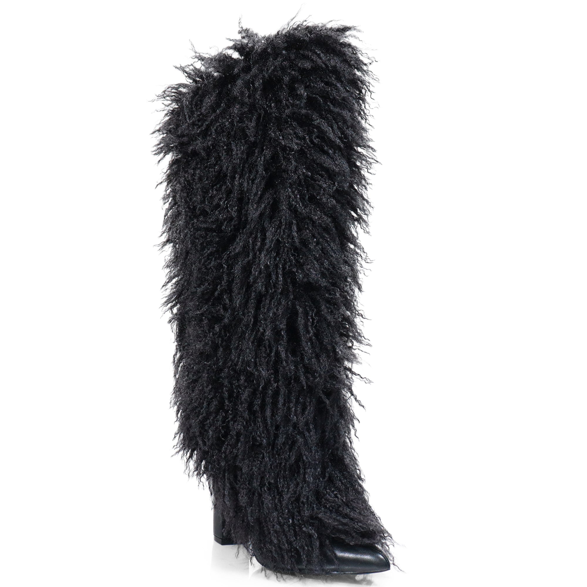 FANCY-1 POINTED TOE KNEE HIGH FUR BOOTS W/ CHUNCKY HEEL BLACK