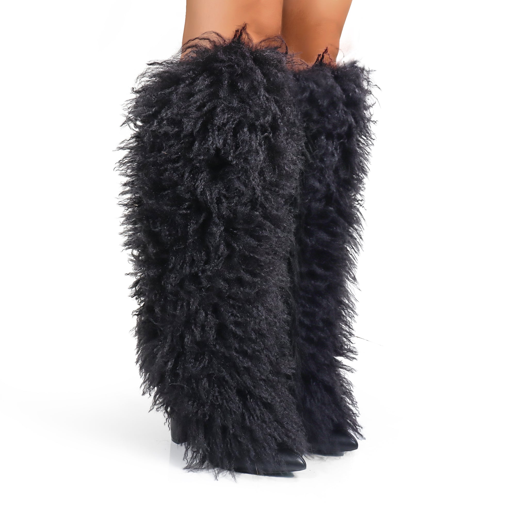 FANCY-1 POINTED TOE KNEE HIGH FUR BOOTS W/ CHUNCKY HEEL BLACK
